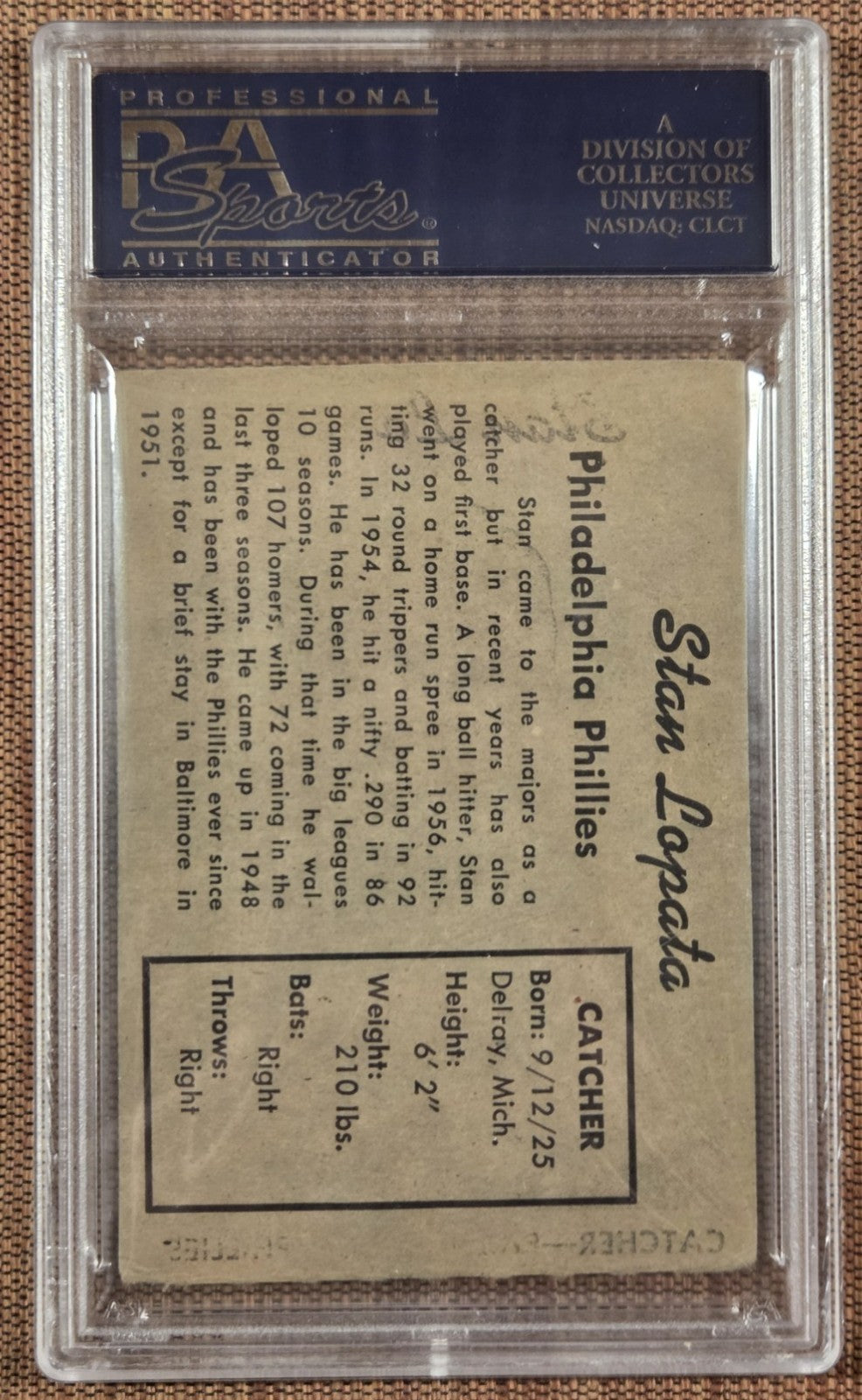 1958 Hires Root Beer NT Stan Lopata Philadelphia Phillies Baseball Card PSA 3 MK1