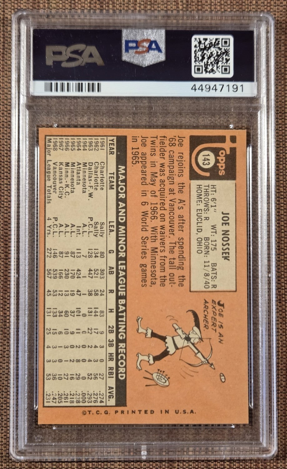 1969 Topps #143 Joe Nossek Oakland Athletics Original Baseball Card PSA 7 NM1