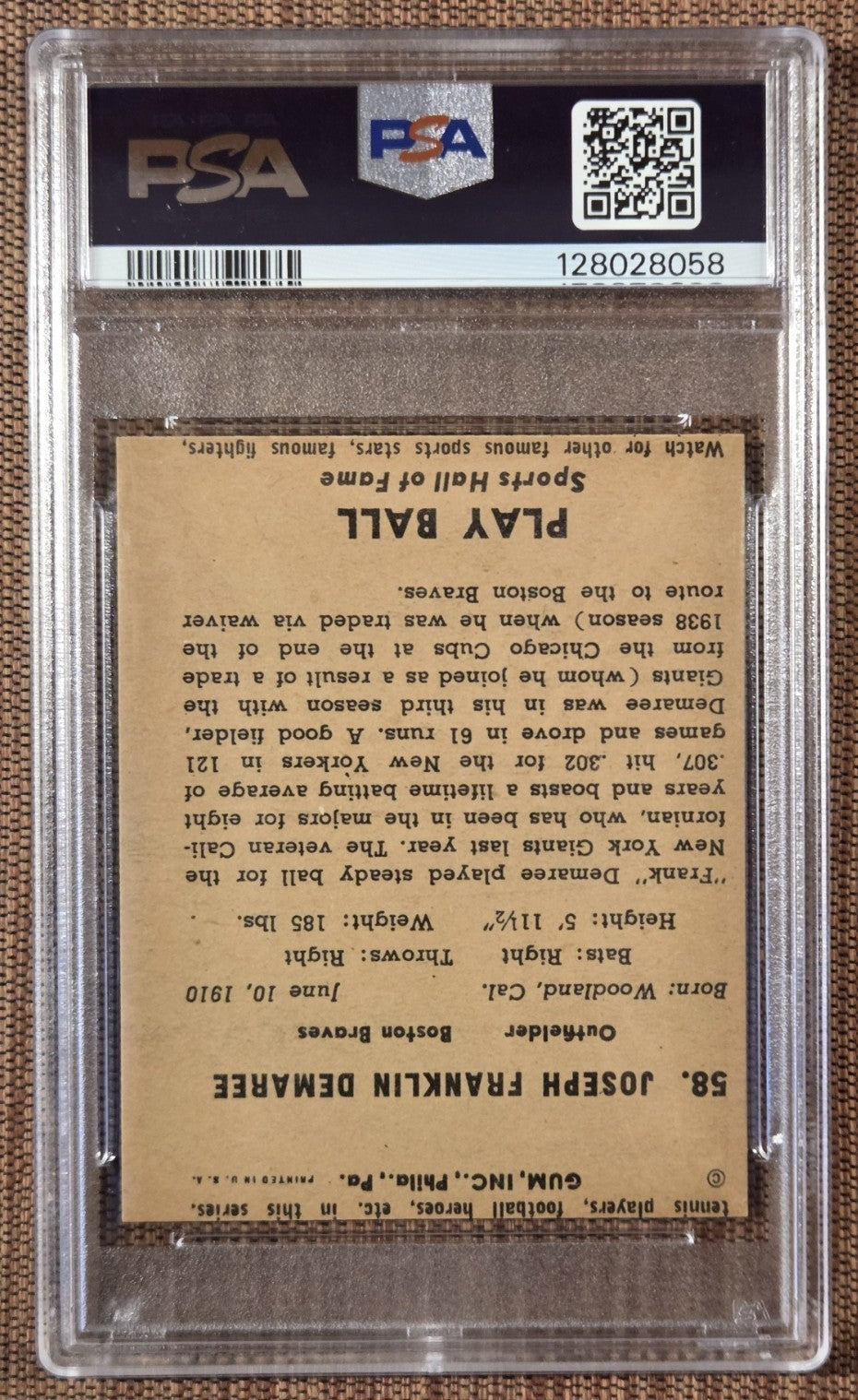 1941 Play Ball Wrong Back #63 Dom DiMaggio Red Sox Baseball Card PSA RC Error1