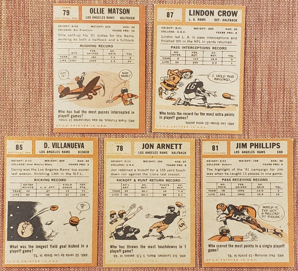 1962 Topps Rams Football Cards Arnett & Matson SP's Villenueva RC Crow Phillips7