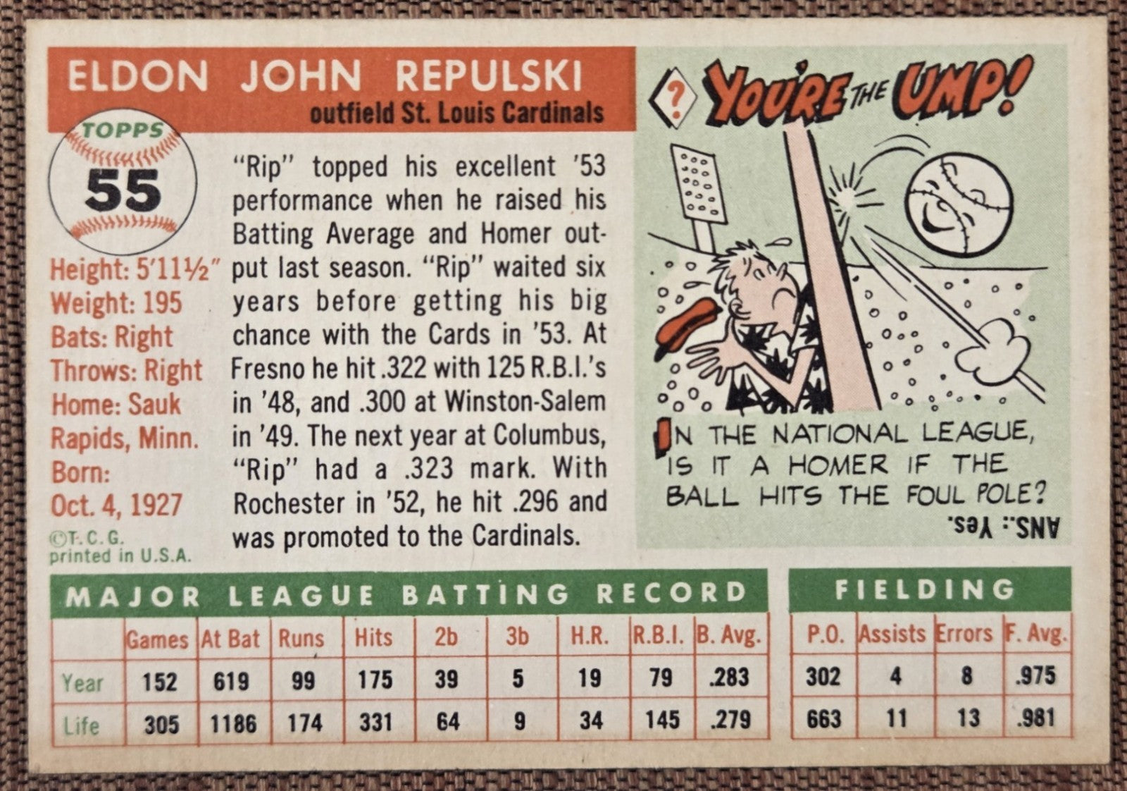 1955 Topps #55 Rip Repulski St. Louis Cardinals Authentic Original Baseball Card5