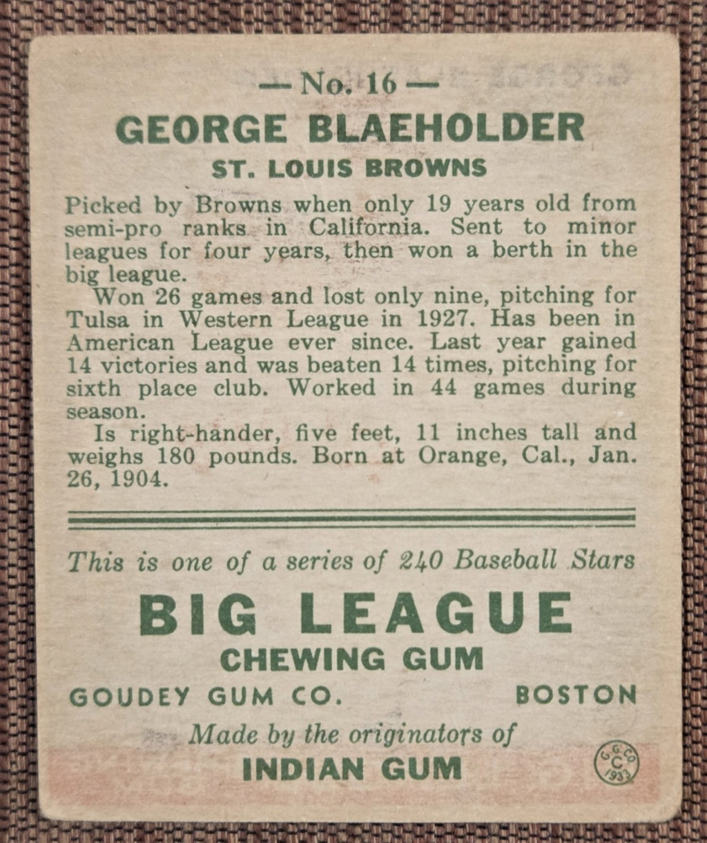 1933 Goudey #16 George Blaeholder St. Louis Browns Rookie Baseball Card RC6
