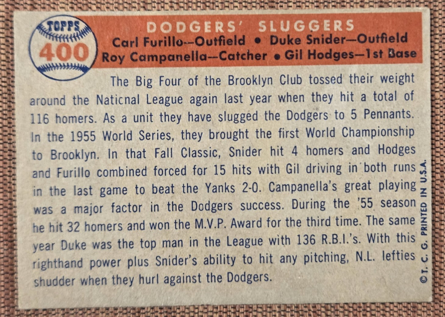 1957 Topps #400 Roy Campanella Snider Hodges Furillo Dodgers Baseball Card5