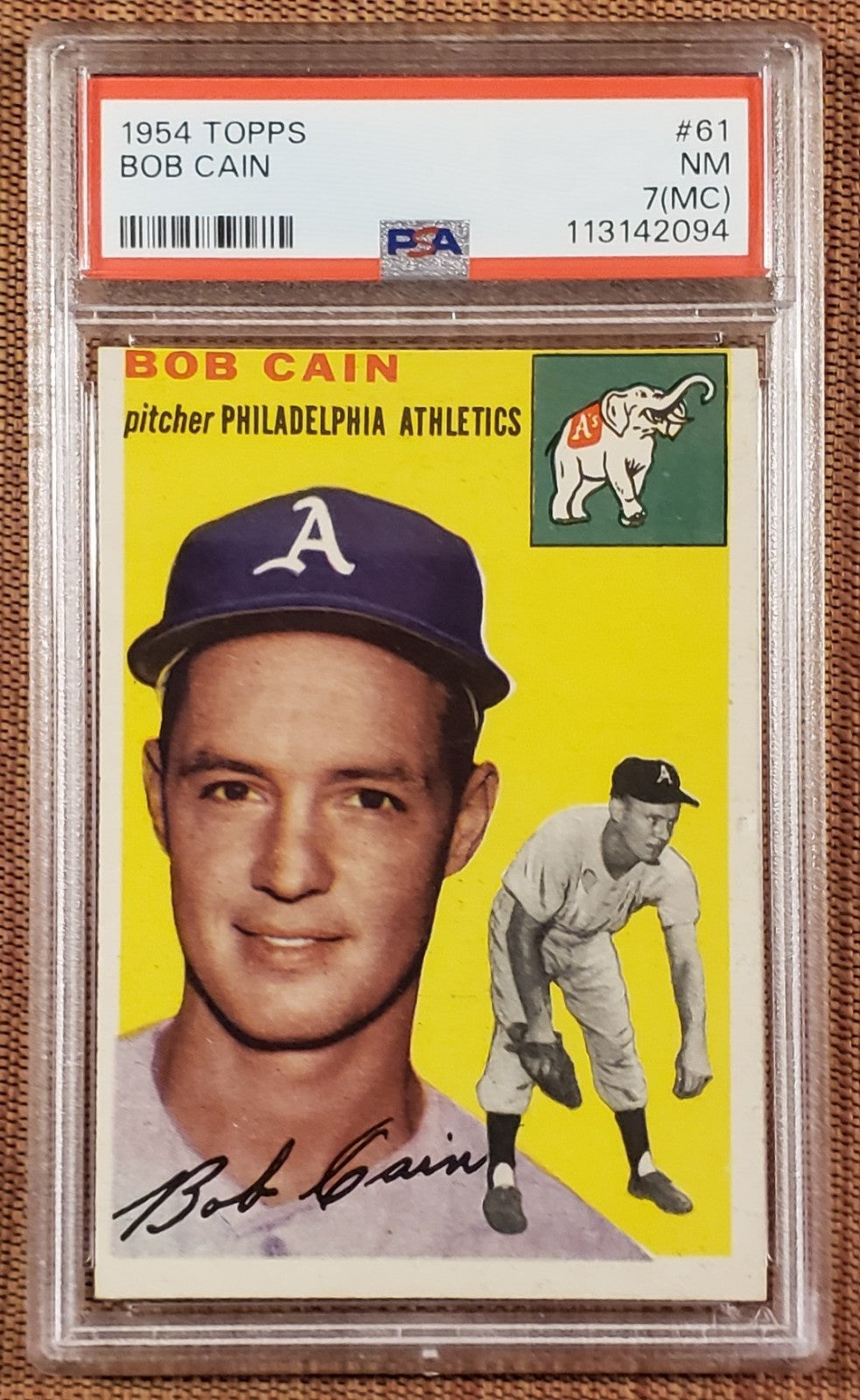 1954 Topps #61 Bob Cain Philadelphia Athletics Original Baseball Card PSA 7 MC0