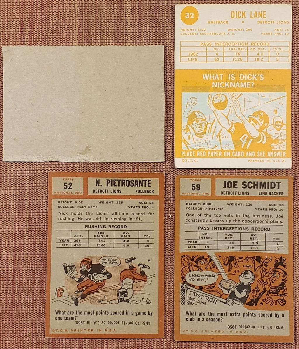 1960's Lions Football Cards Joe Schmidt Karras Morrall Plum Night Tran Lane Yary6