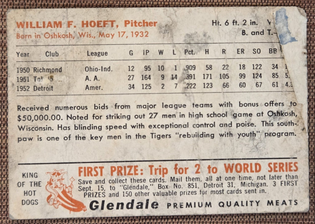 1953 Glendale Meats #15 Billy Hoeft Detroit Tigers Vintage Originl Baseball Card5