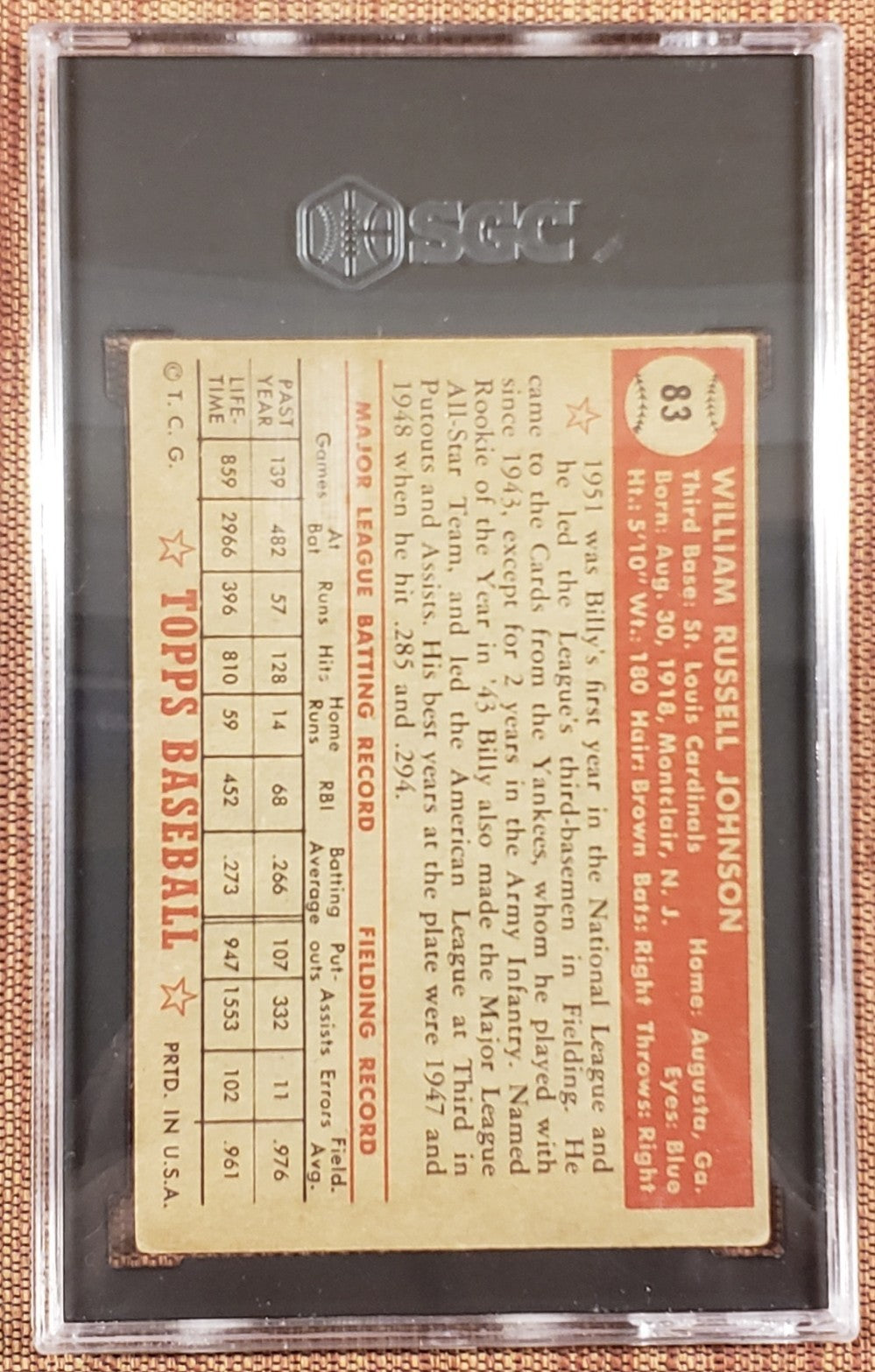 1952 Topps #83 Billy Johnson St. Louis Cardinals Original Baseball Card SGC 4 VG1