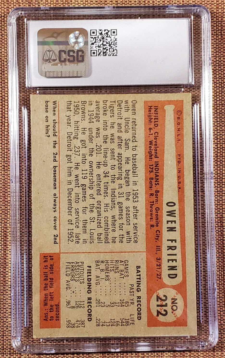 1954 Bowman #212 Owen Friend Cleveland Indians Baseball Card CSG 8 NM/MT1