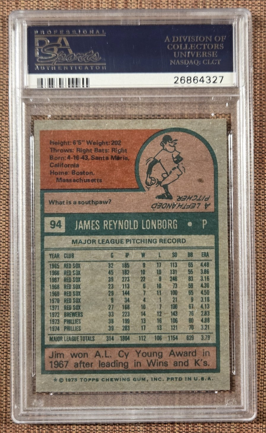 1975 Topps #94 Jim Lonborg Philadelphia Phillies Baseball Card PSA 10 Gem Mint1
