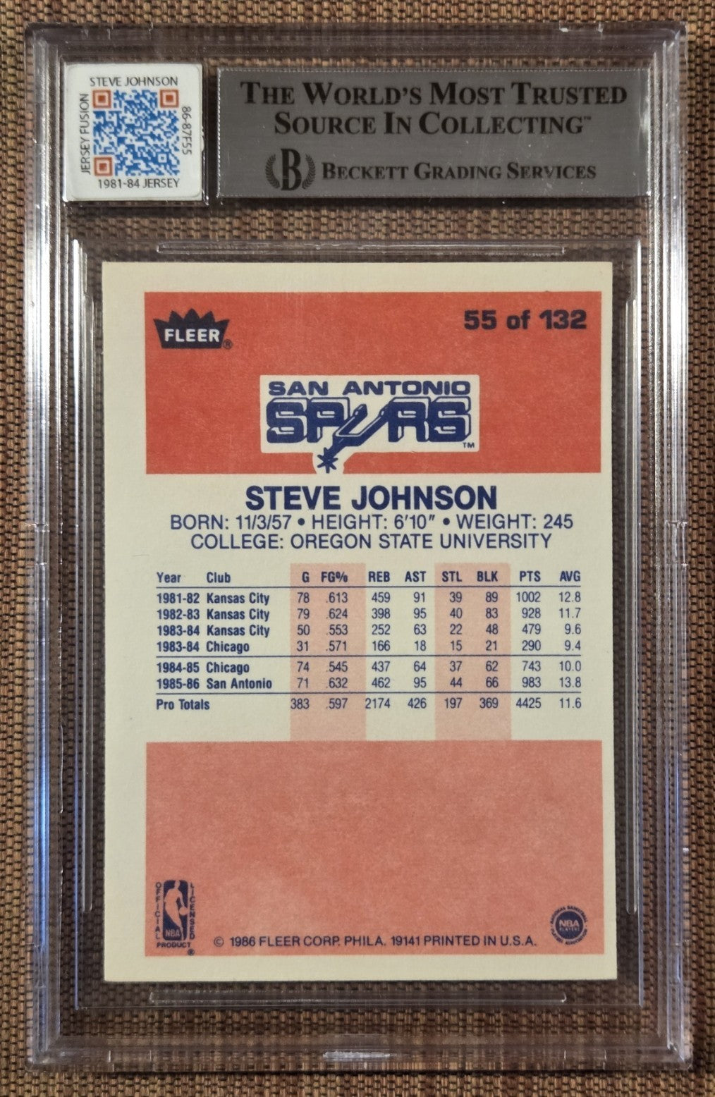 1986 Fleer #55 Steve Johnson RC Error Greenwood Auto Basketball Card BGS/BAS1