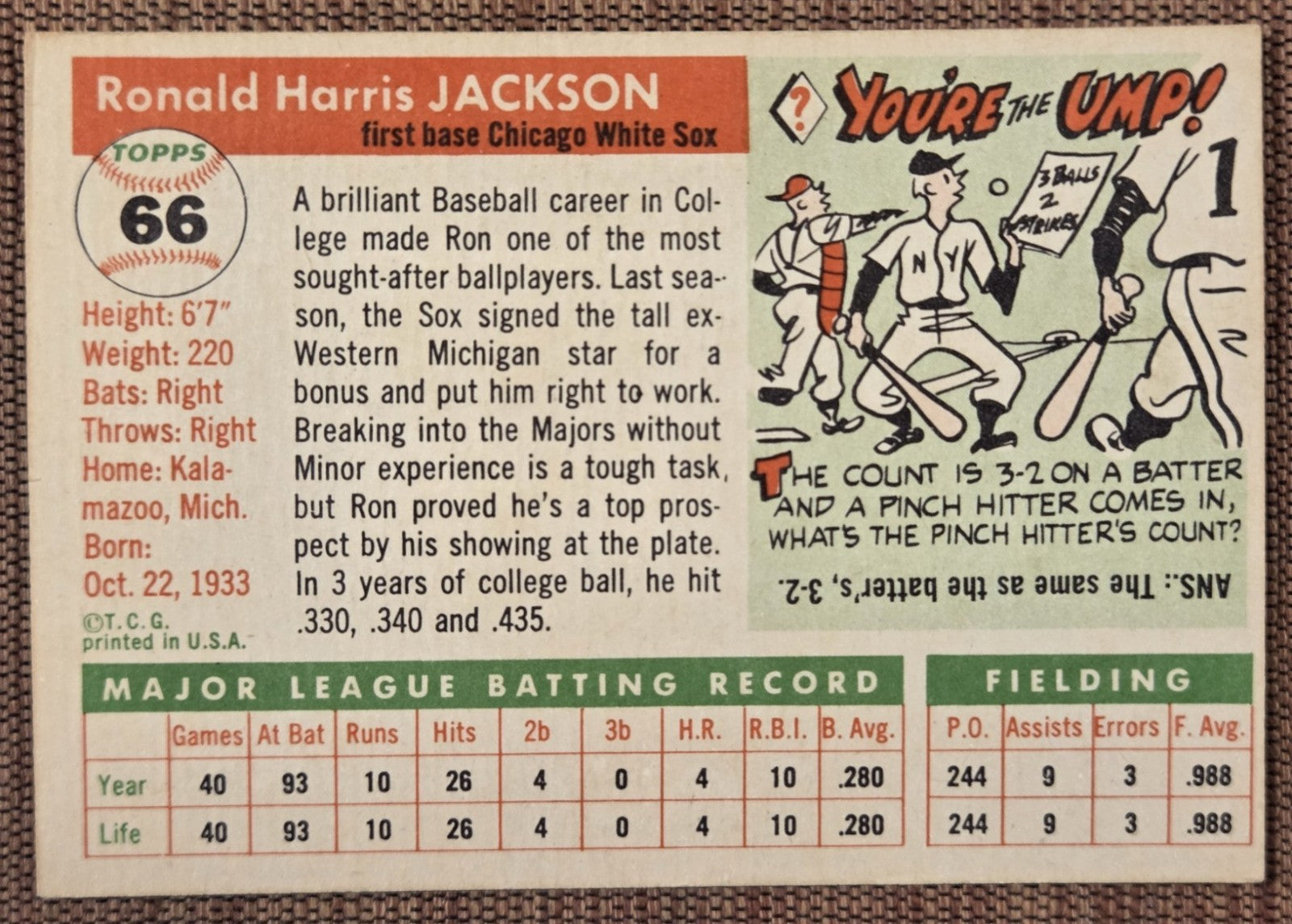 1955 Topps #66 Ron Jackson Chicago White Sox Rookie Original Baseball Card RC7