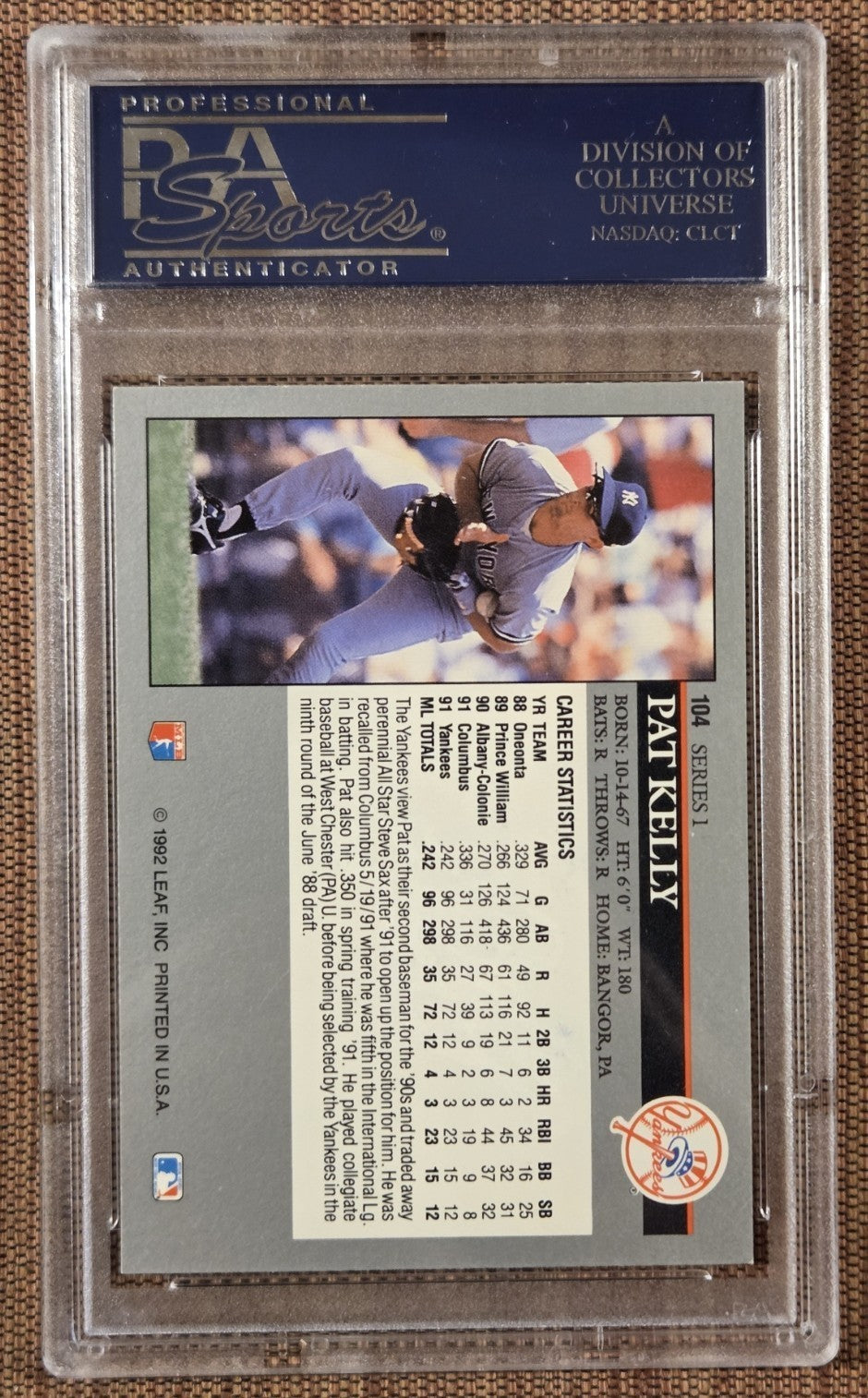 1992 Leaf #104 Pat Kelly New York Yankees Original Baseball Card PSA 8/DNA Auto1