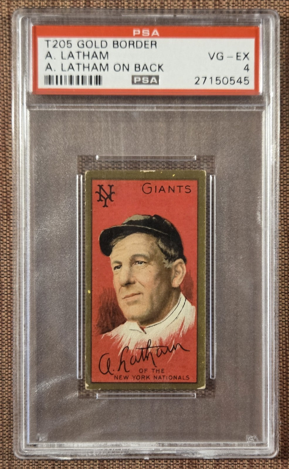 1911 Gold Border T205 Arlie Latham Browns New York Giants Baseball Card PSA 40