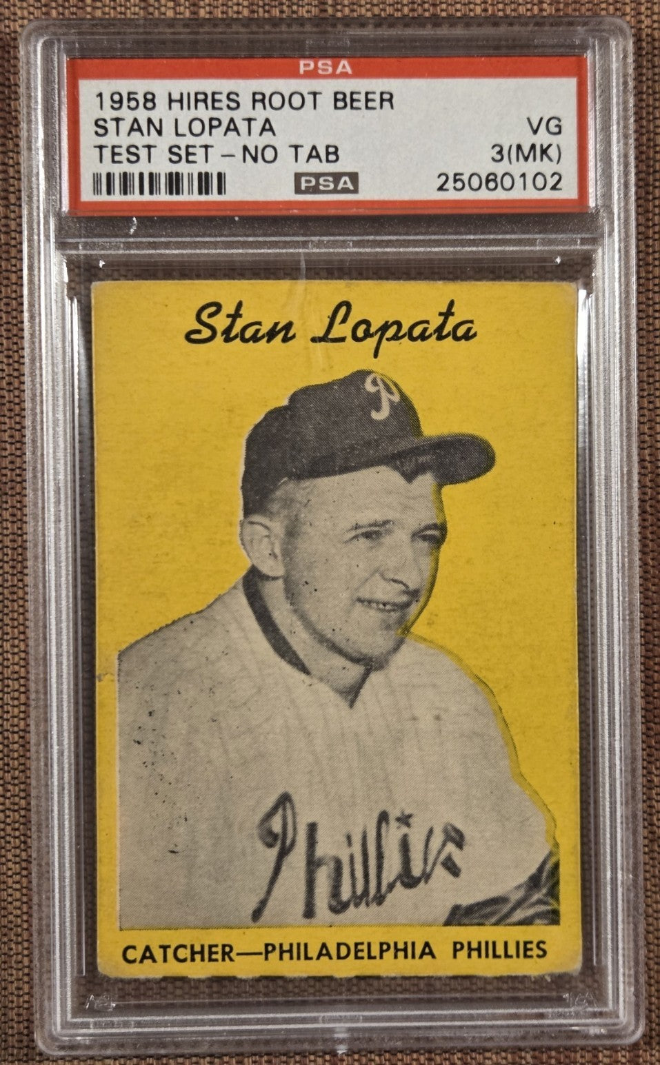 1958 Hires Root Beer NT Stan Lopata Philadelphia Phillies Baseball Card PSA 3 MK0