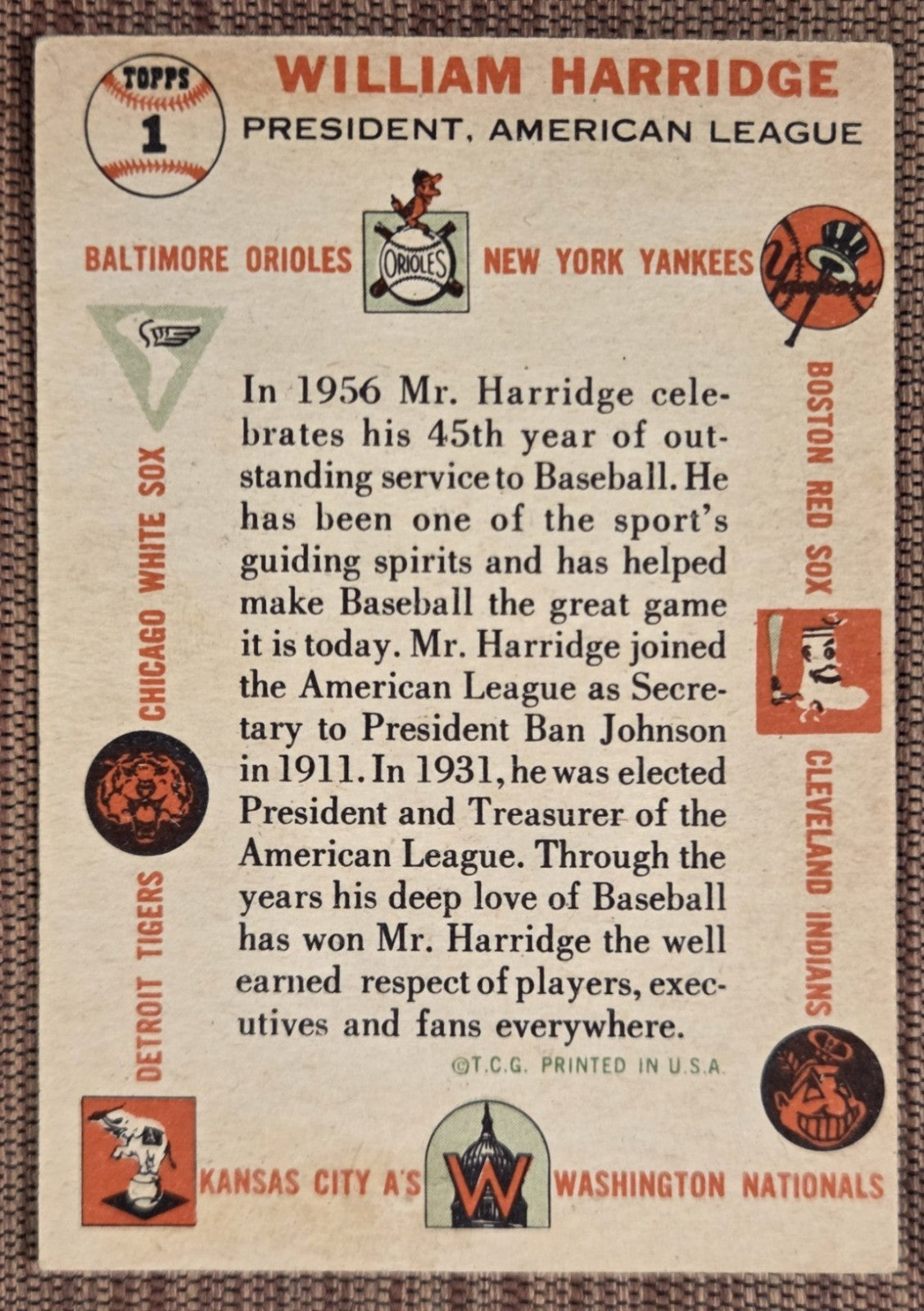 1956 Topps #1 William Harridge American League President Original Baseball Card5