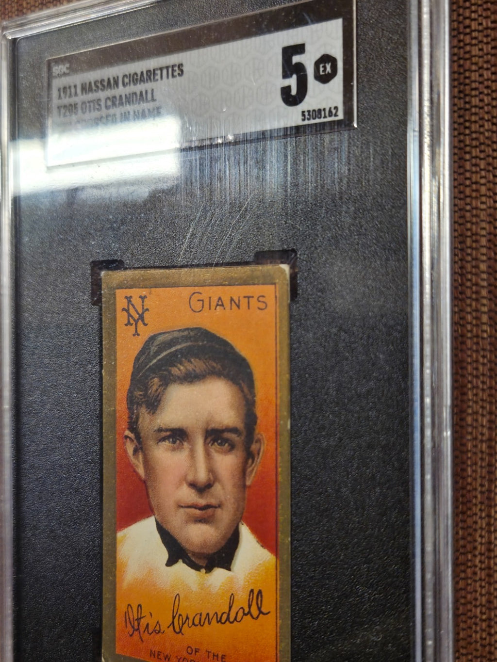1911 T205 Otis Crandall T Crossed in Name New York Giants Baseball Card SGC 5 EX2
