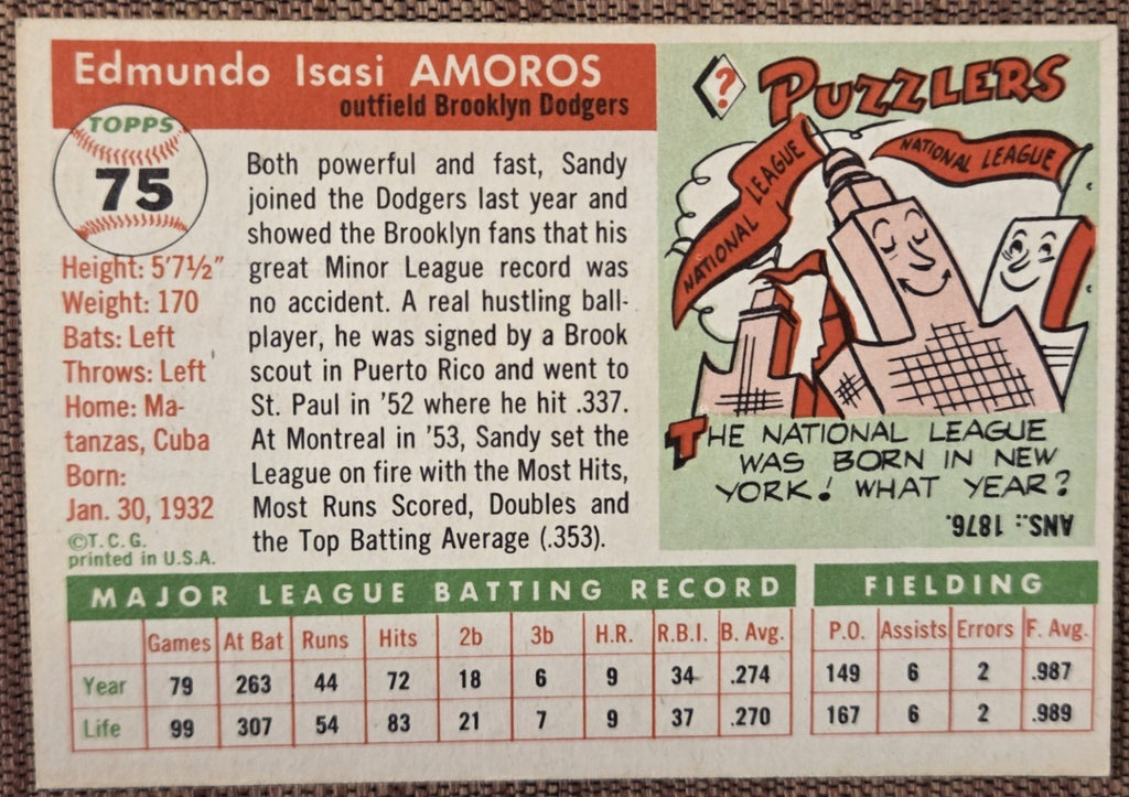 1955 Topps #75 Sandy Amoros Brooklyn Dodgers Vintage Original Baseball Card5