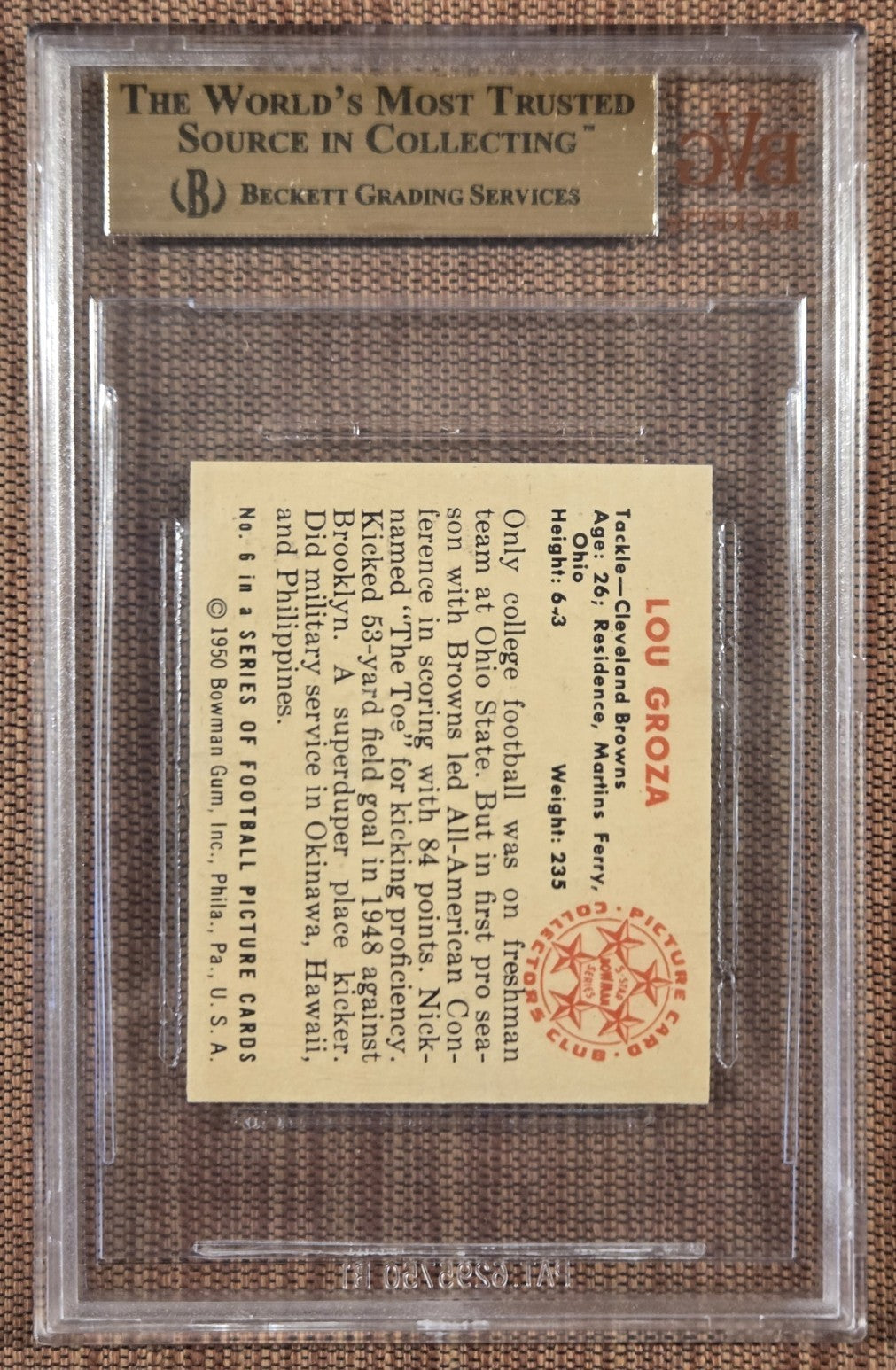 1950 Bowman #6 Lou Groza Browns Rookie Football Card BVG 9.5 Gem Mint RC1