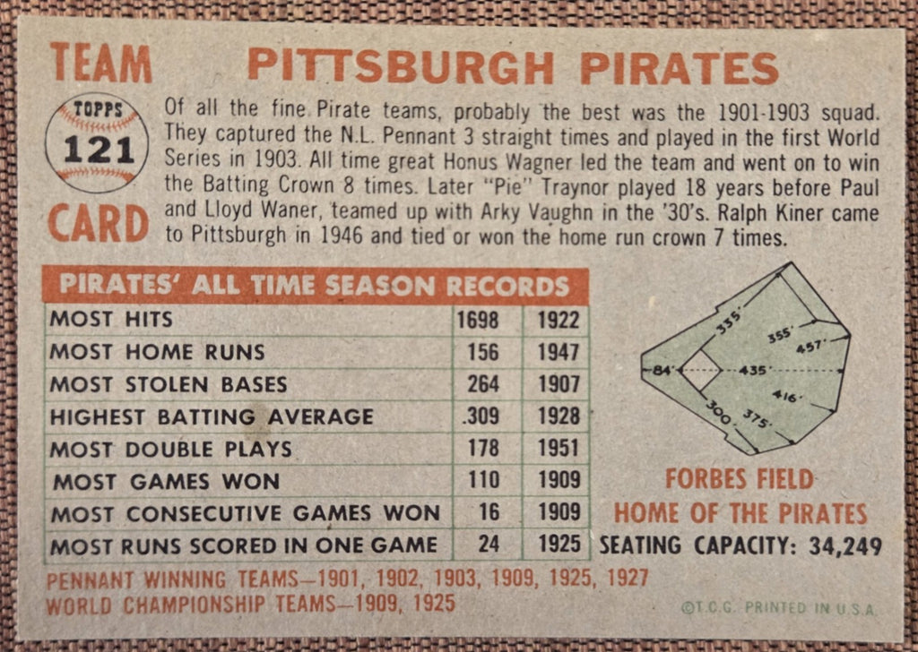 1956 Topps #121 Pittsburgh Pirates Baseball Card Clemente Friend Law Groat5
