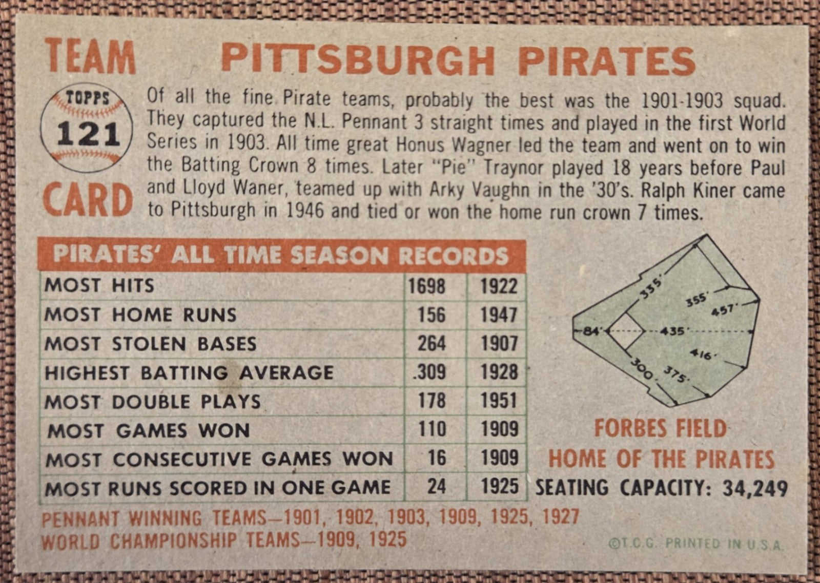 1956 Topps #121 Pittsburgh Pirates Baseball Card Clemente Friend Law Groat5