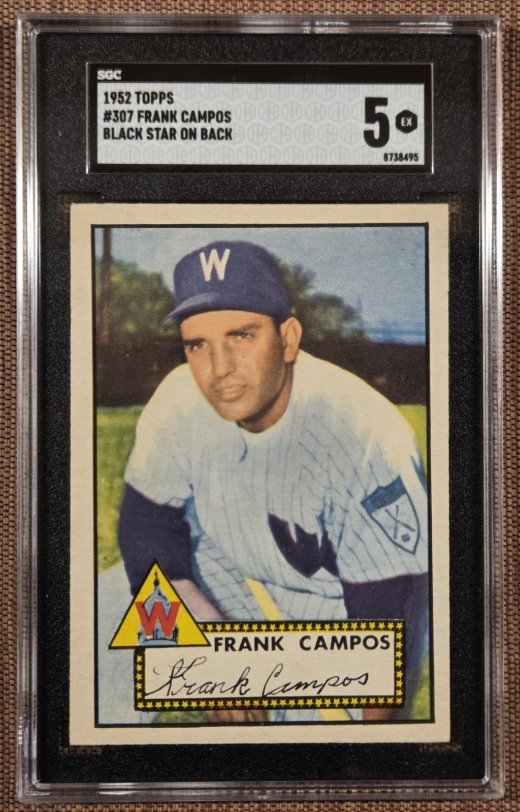 1952 Topps Black Star #307 Frank Campos #307 Senators Baseball Card SGC 5 Error0