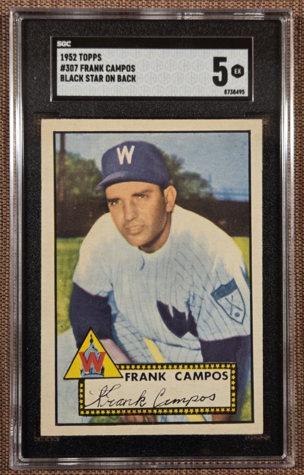 1952 Topps Black Star #307 Frank Campos #307 Senators Baseball Card SGC 5 Error0