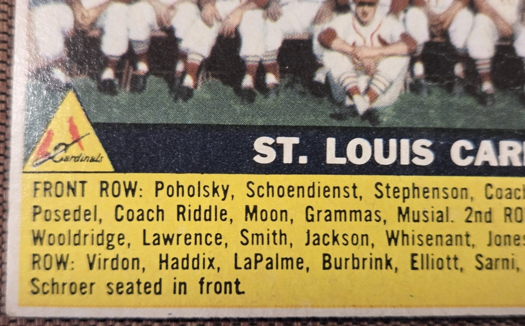 1956 Topps #134 St. Louis Cardinals Musial Moon Boyer Virdon Haddix Schoendienst4
