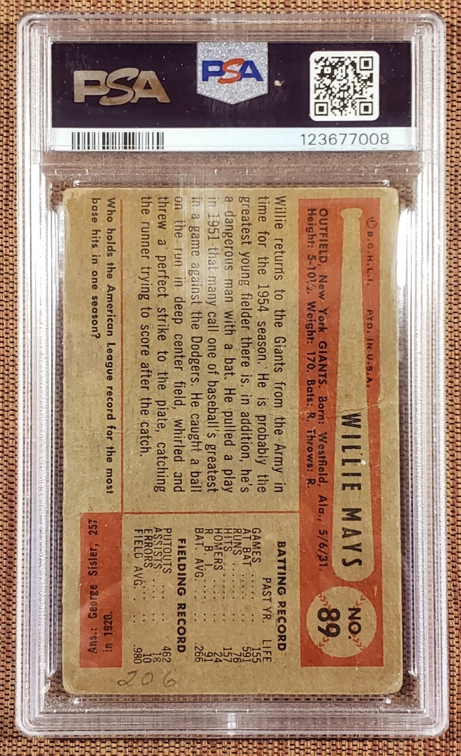 1954 Bowman #89 Willie Mays New York Giants Original Baseball Card PSA/DNA Auto1