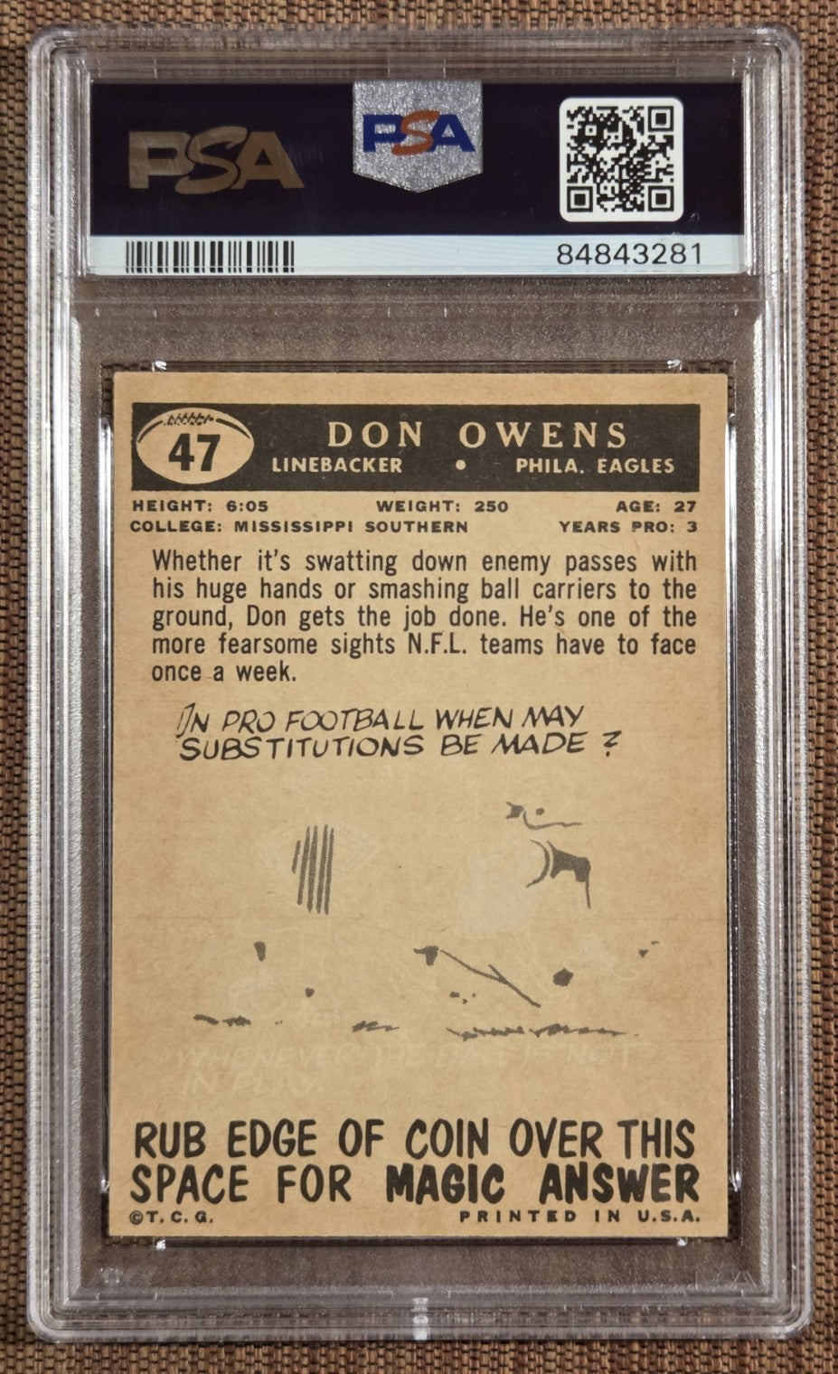 1959 Topps #47 Don Owens Philadelphia Eagles Rookie Football Card PSA 6 RC1