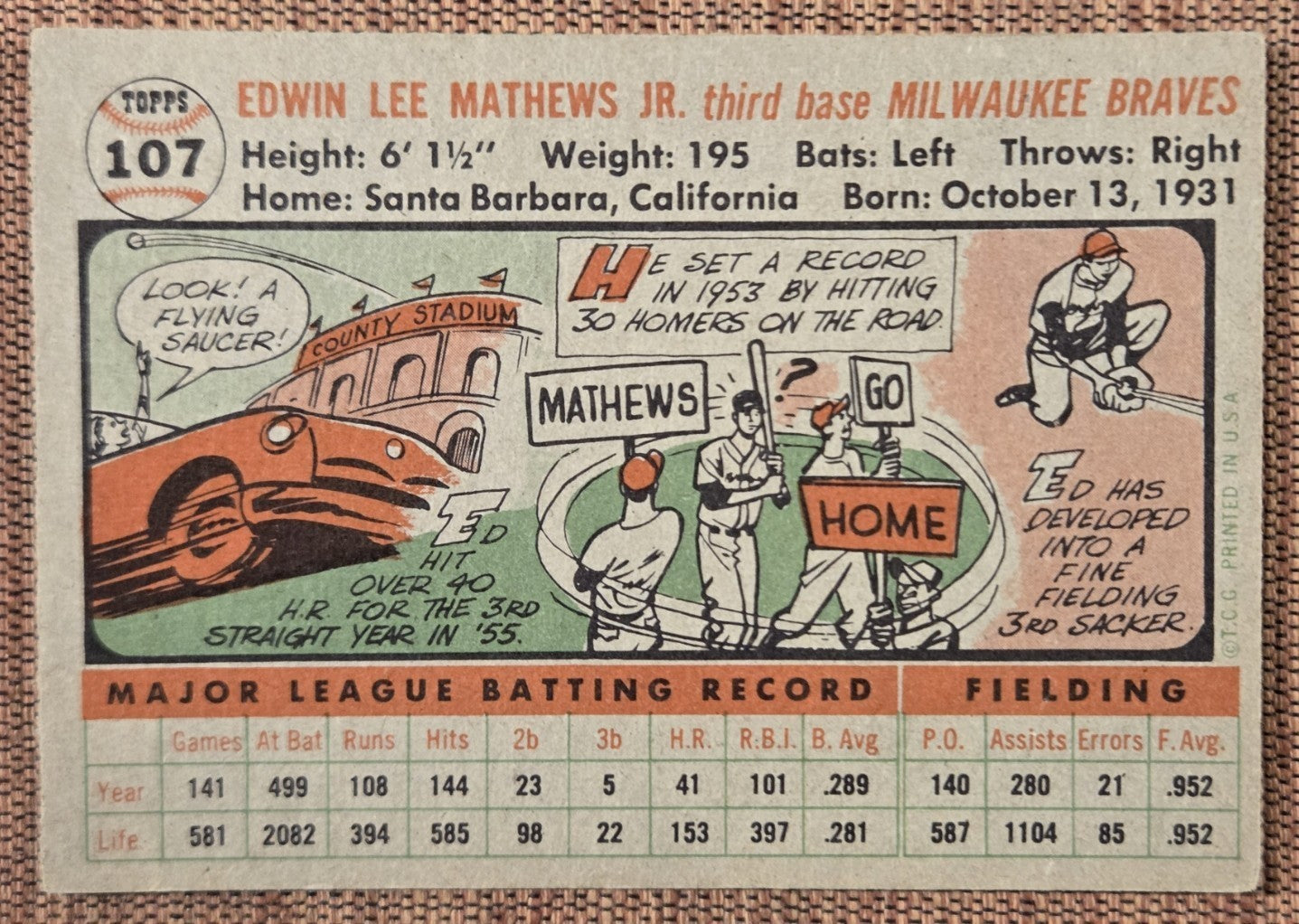 1956 Topps #107 Eddie Mathews Milwaukee Braves Original Baseball Card HOF5