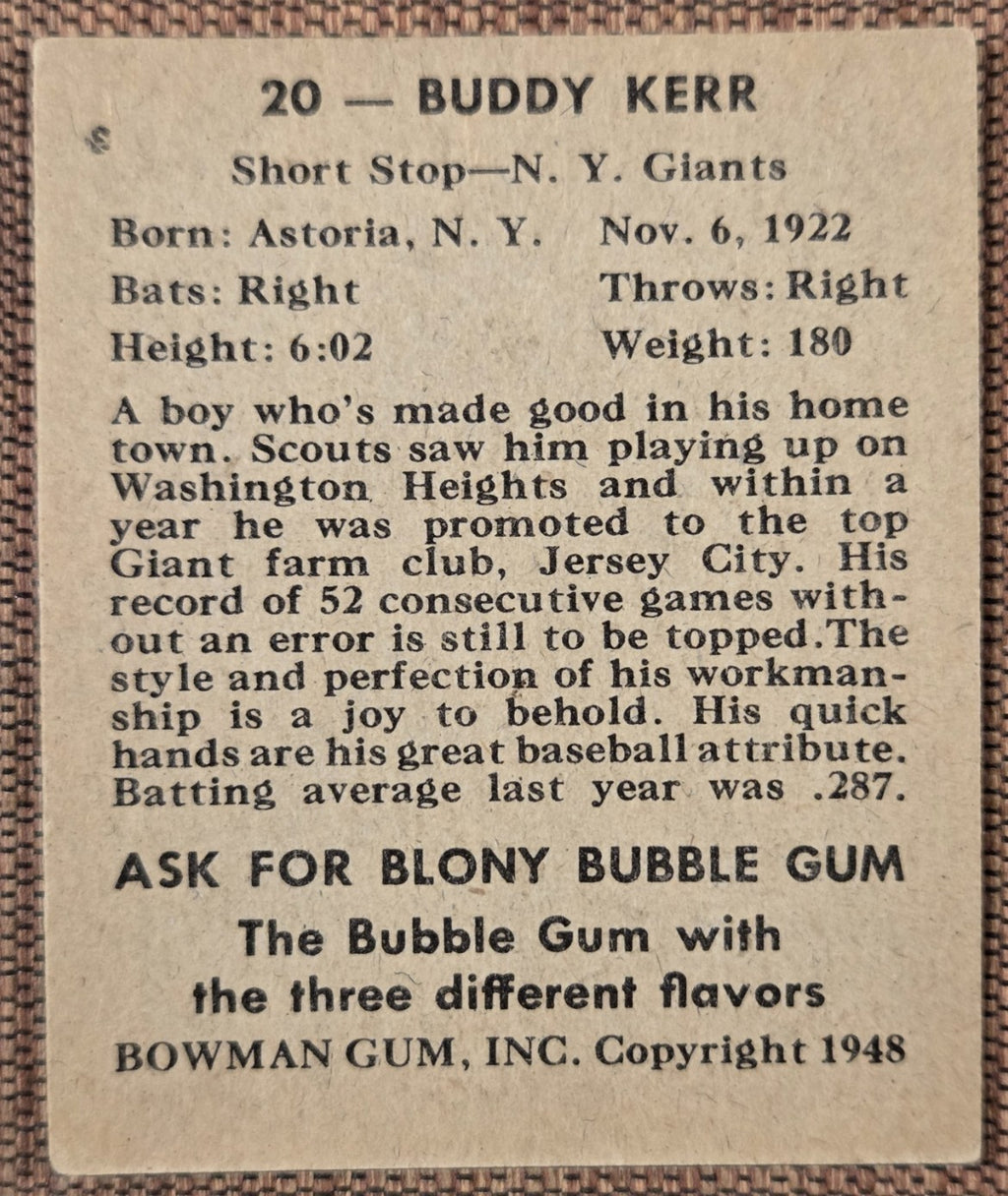 1948 Bowman #20 Buddy Kerr New York Giants Original Rookie Baseball Card RC5