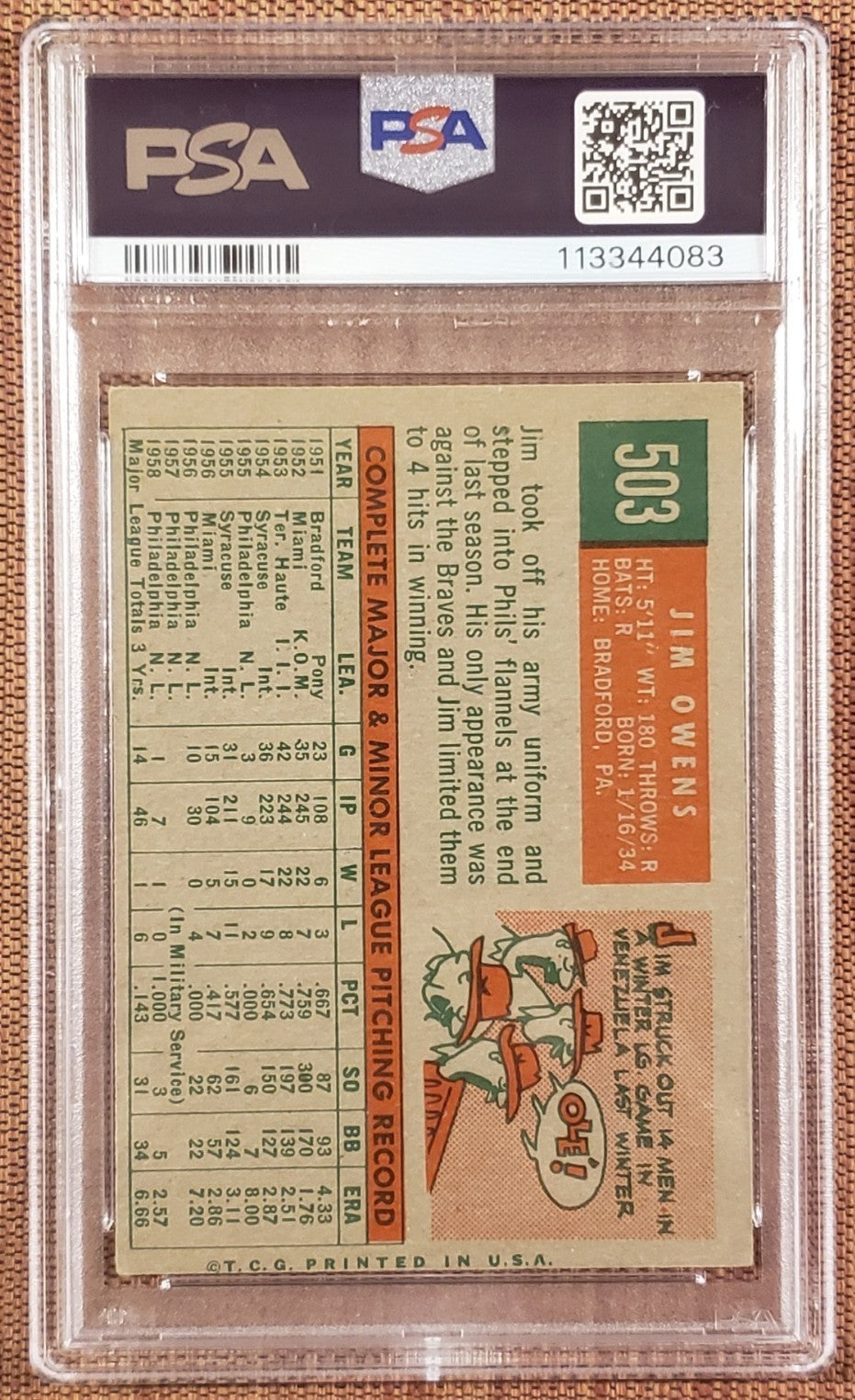 1959 Topps #503 Jim Owens Philadelphia Phillies Original Baseball Card PSA 5 EX1