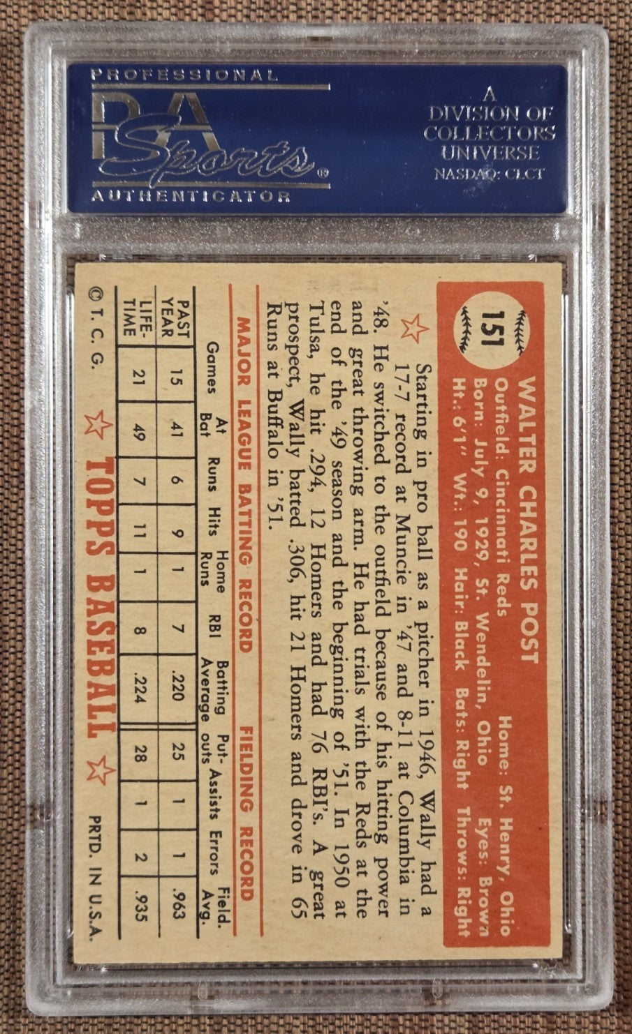 1952 Topps #151 Wally Post Cincinnati Reds Rookie Baseball Card PSA 7 NM RC1