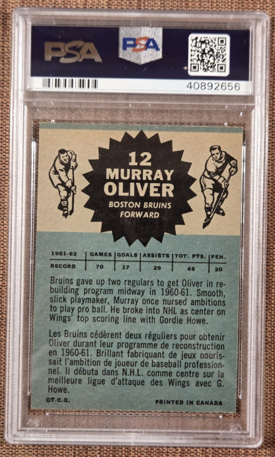 1962 Topps #12 Murray Oliver Boston Bruins Original Hockey Card PSA 9 Mint1