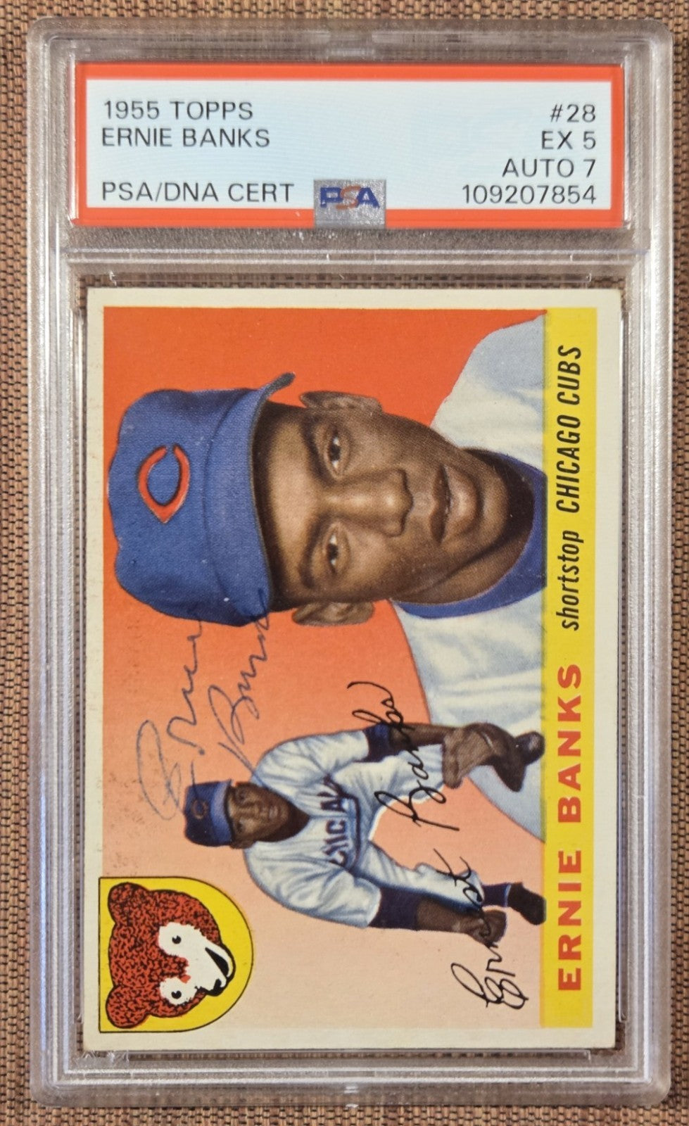 1955 Topps #28 Ernie Banks Chicago Cubs Baseball Card PSA 5 / DNA 7 Auto HOF0