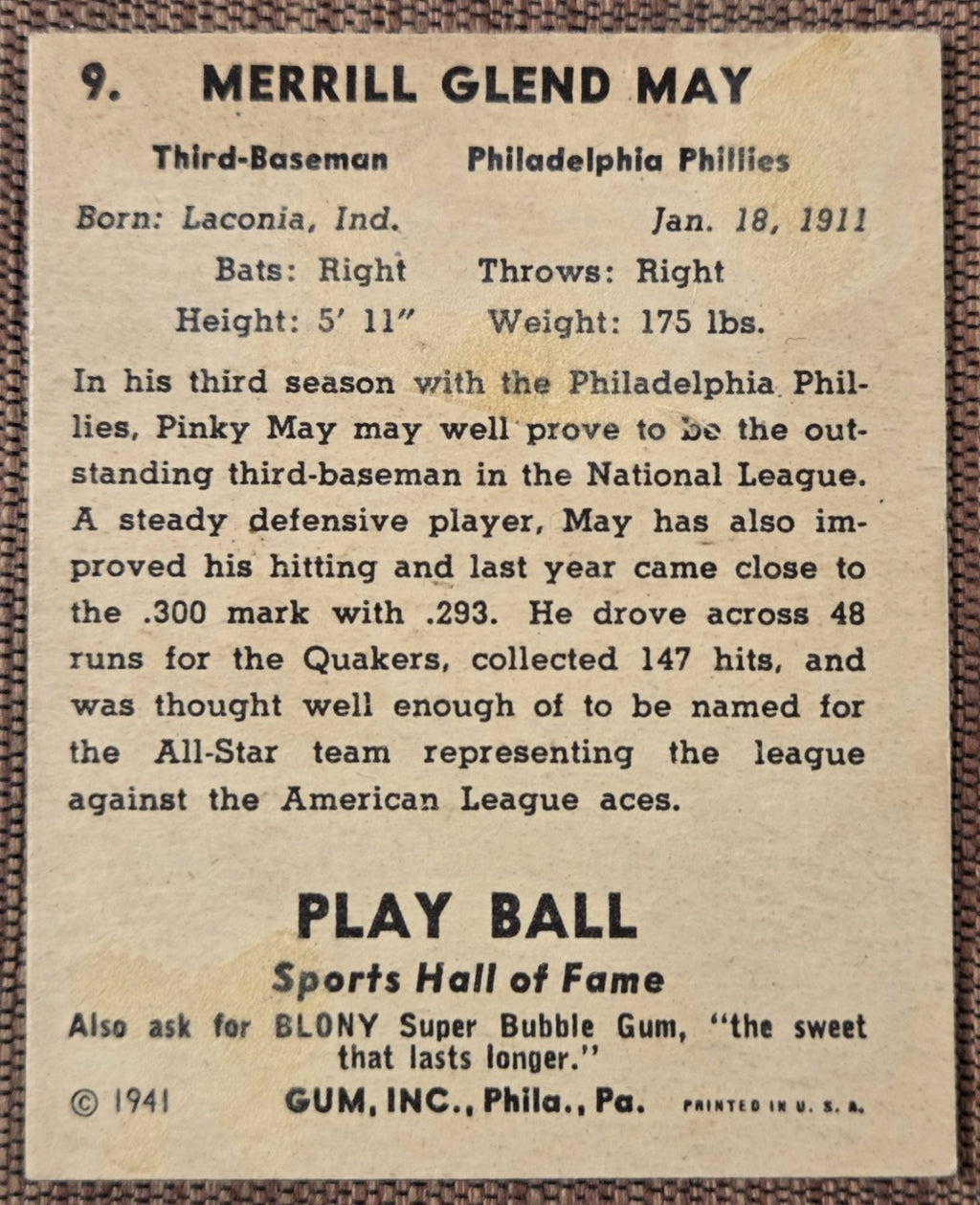 1941 Play Ball #9 Pinky May Philadelphia Phillies Vintage Original Baseball Card5