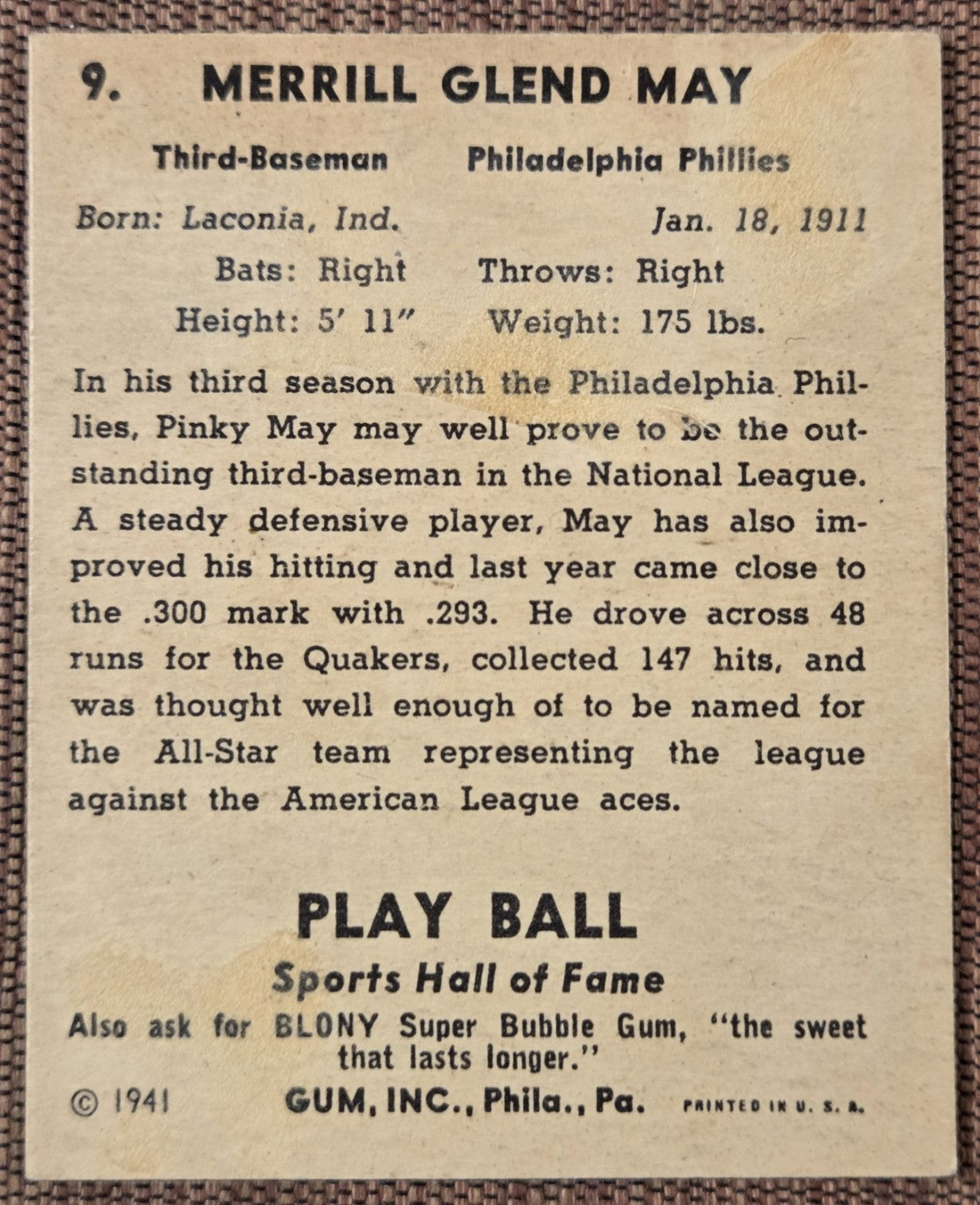 1941 Play Ball #9 Pinky May Philadelphia Phillies Vintage Original Baseball Card5