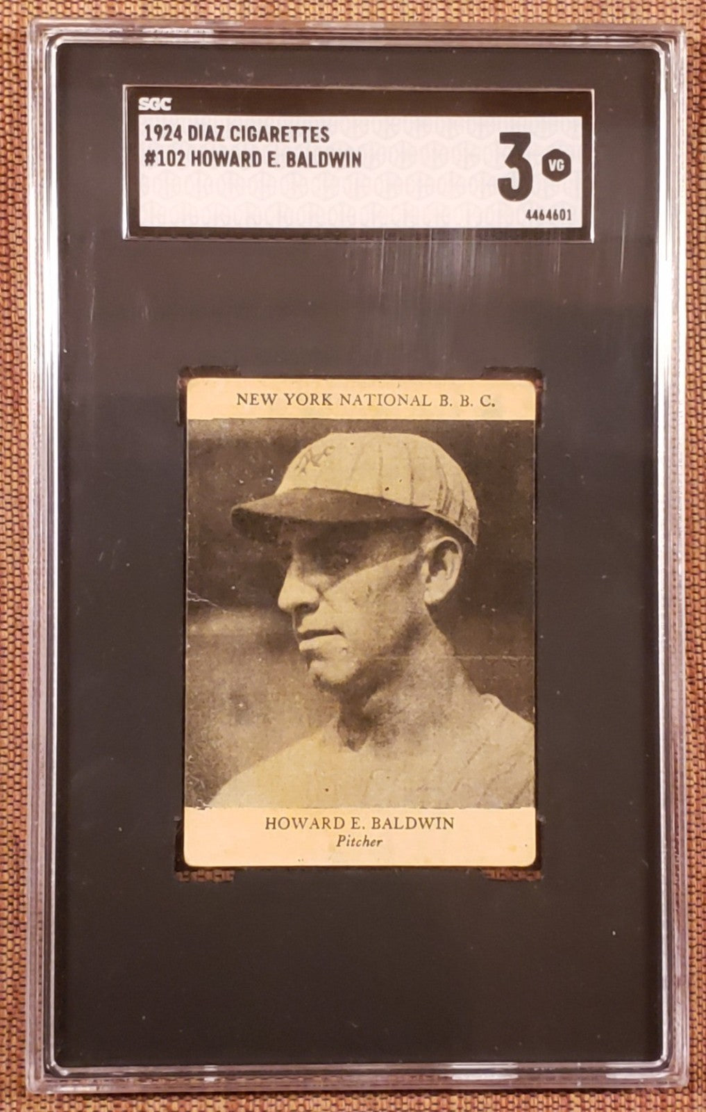 1924 Diaz Cigarettes #102 Harry Baldwin Giants Baseball Card SGC 3 POP 1 Top Gr0
