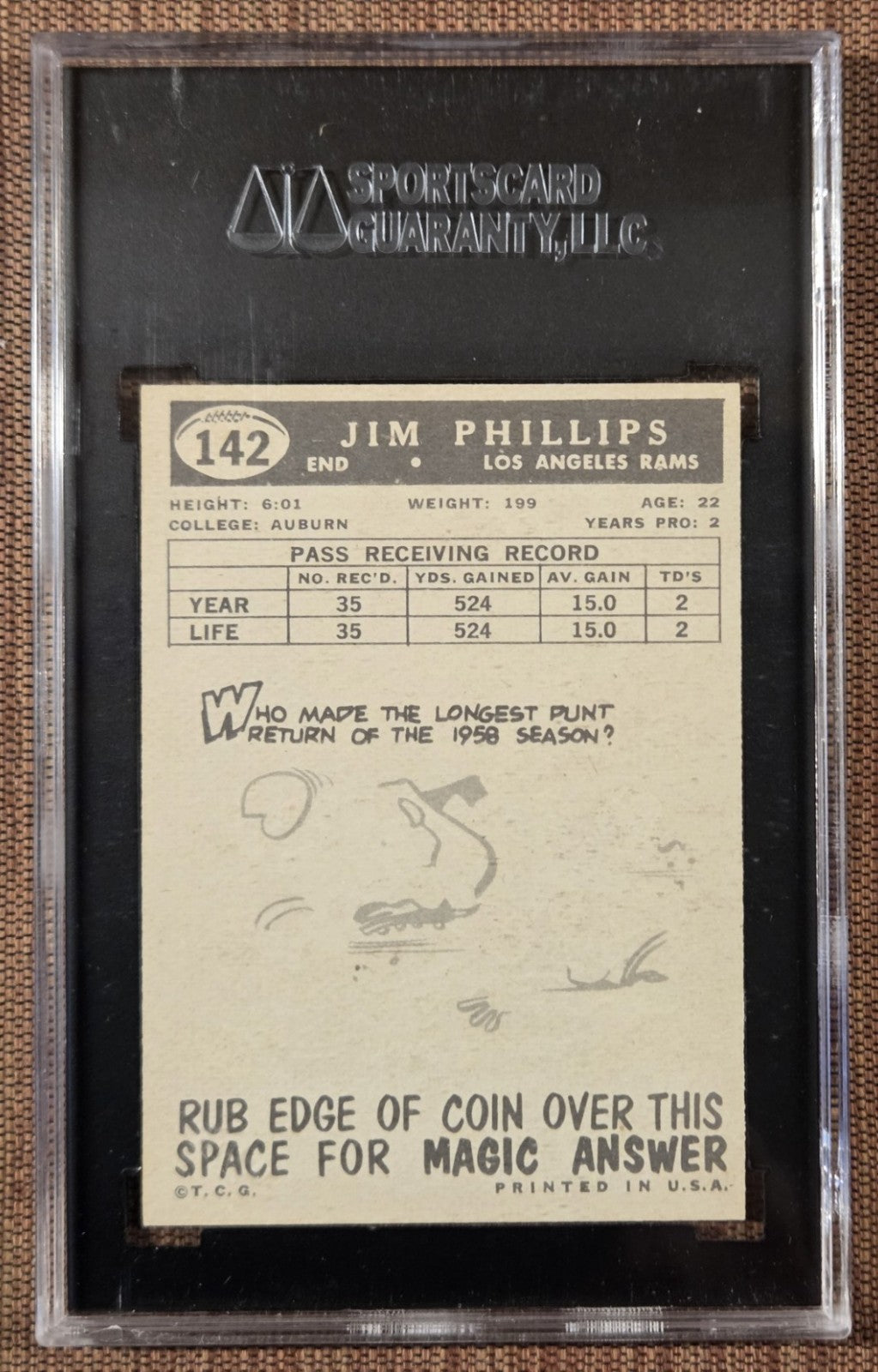 1959 Topps #142 Jim Phillips Los Angeles Rams Rookie Football Card SGC 7 NM RC1