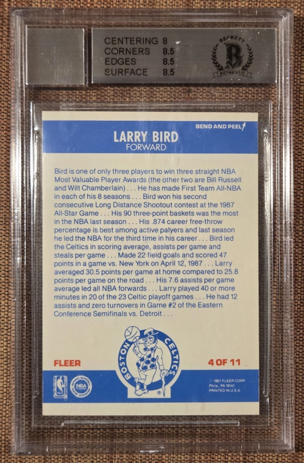 1987 Fleer Stickers #4 Larry Bird Boston Celtics Basketball Card BGS8.5/BAS Auto1