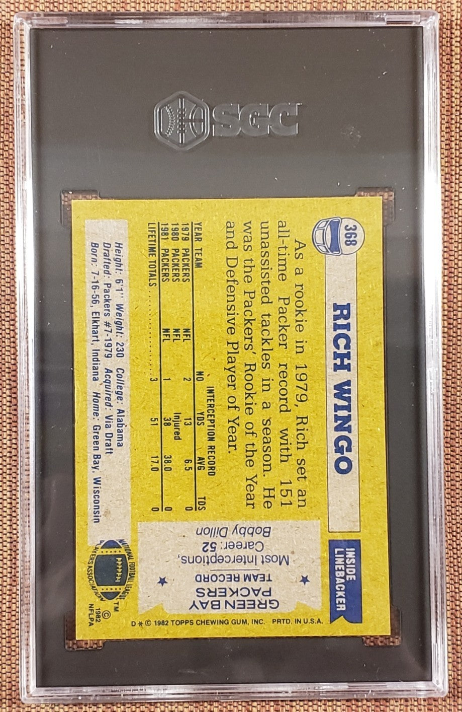 1982 Topps #368 Rich Wingo Green Bay Packers Original Football Card SGC 9 Mint1
