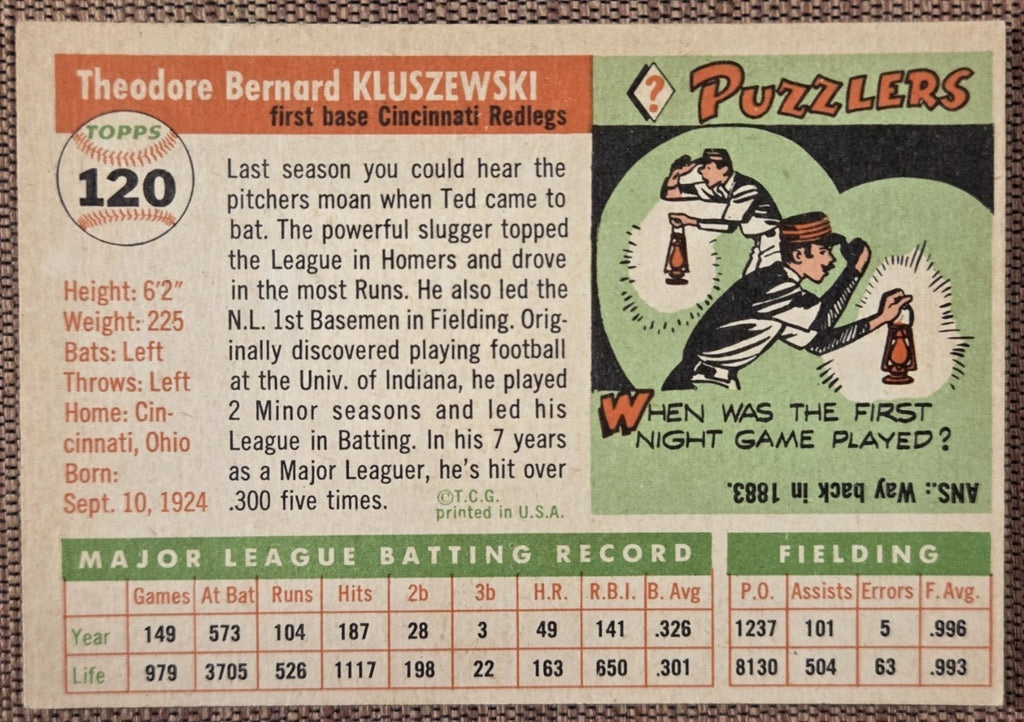1955 Topps #120 Ted Kluszewski Cincinnati Reds Vintage Original Baseball Card5