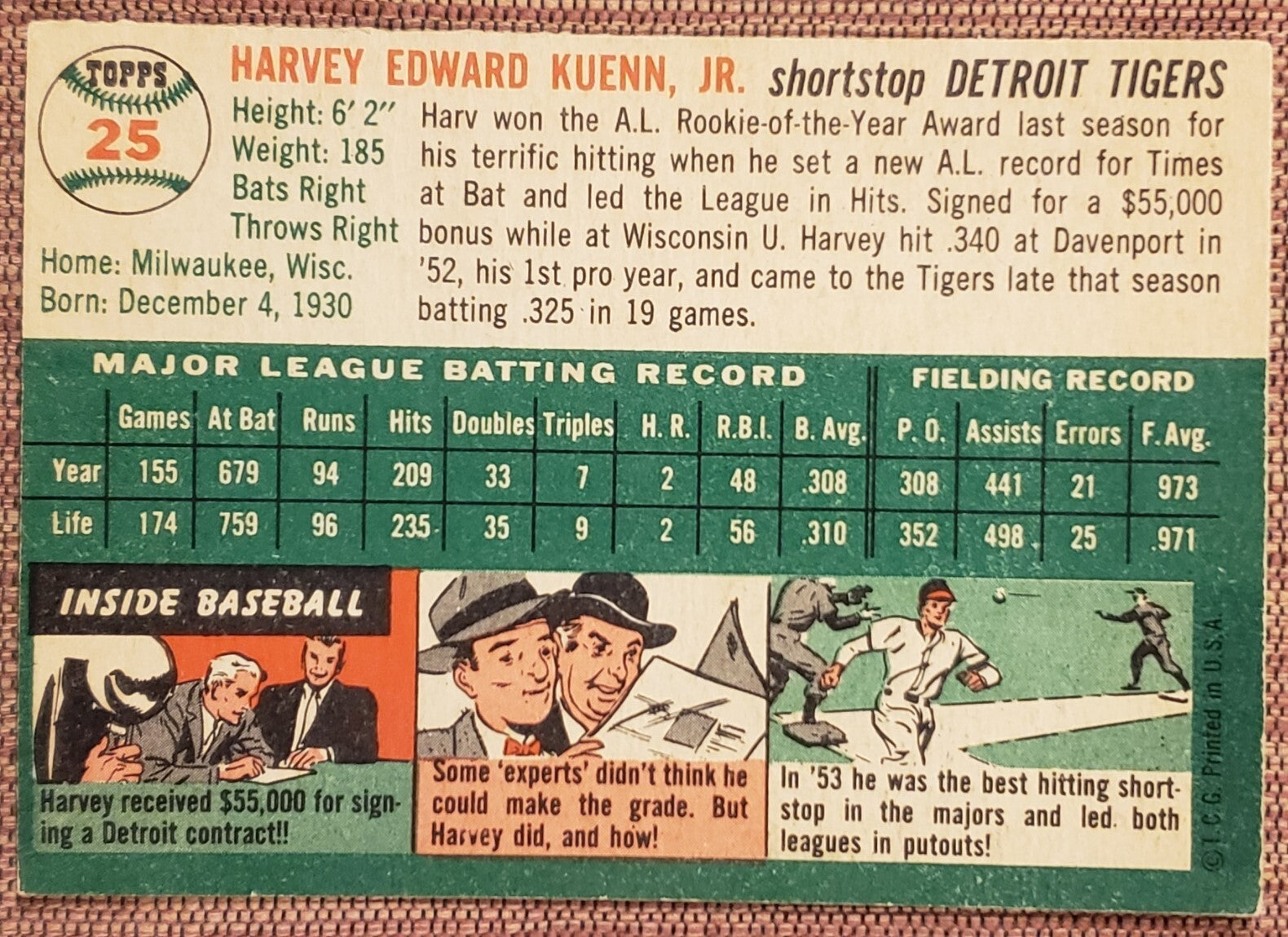 1954 Topps #25 Harvey Kuenn Detroit Tigers Original Rookie Baseball Card RC5