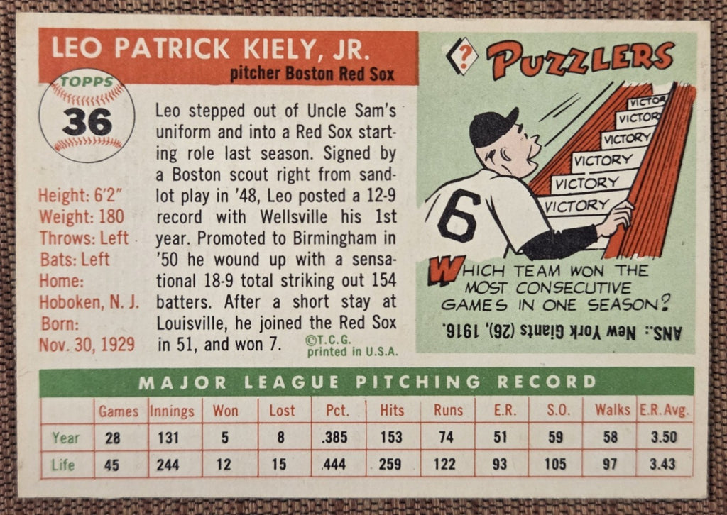 1955 Topps #36 Leo Kiely Boston Red Sox A's Authentic Original Baseball Card5