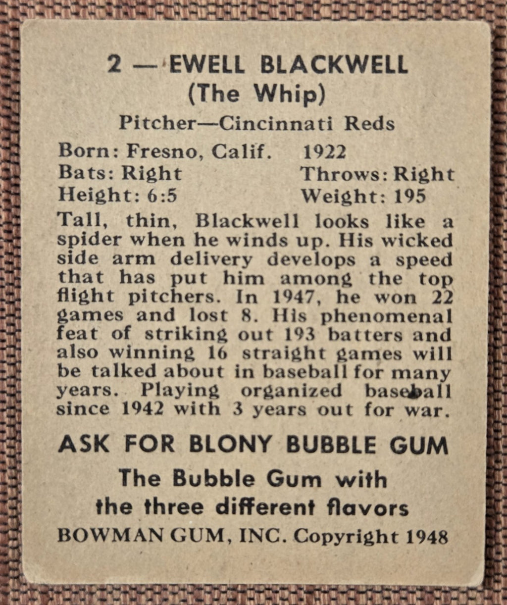 1948 Bowman #2 Ewell Blackwell Cincinnati Reds Original Rookie Baseball Card RC5