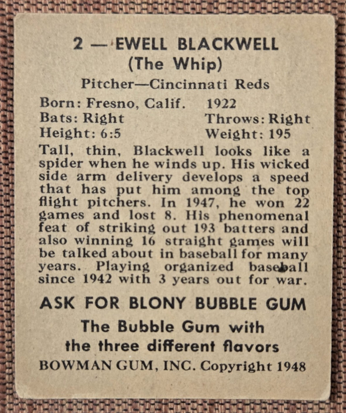 1948 Bowman #2 Ewell Blackwell Cincinnati Reds Original Rookie Baseball Card RC5