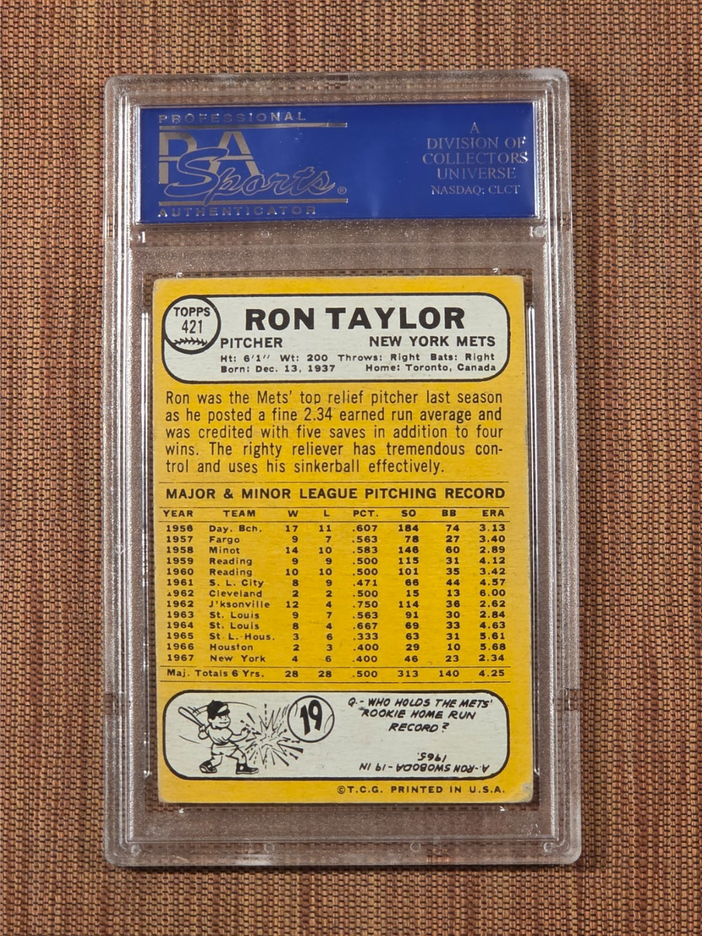 1968 Topps #21 Ron Taylor New York Mets Original Baseball Card PSA 2 / DNA AUTO1