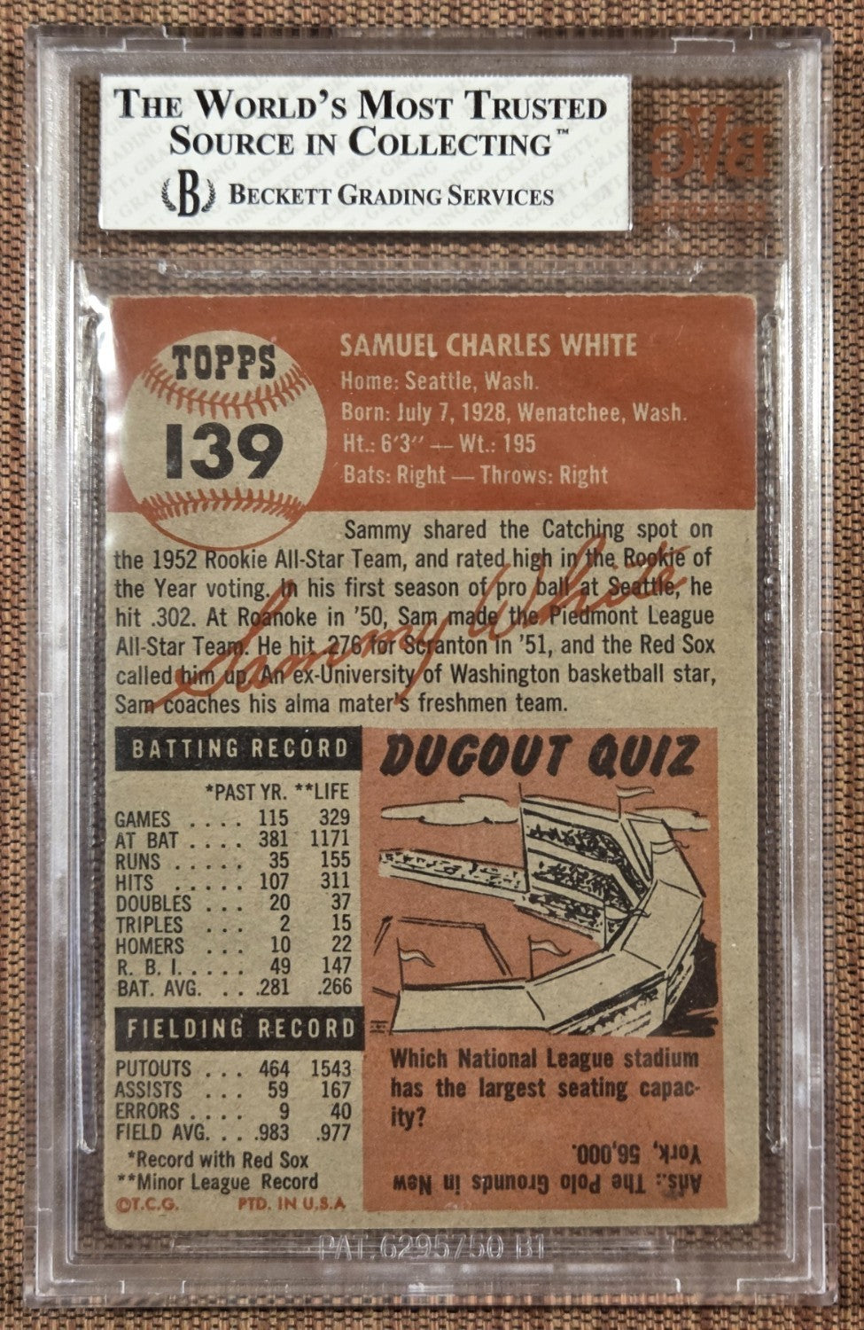 1953 Tops #139 Sammy White Boston Red Sox Vintage Original Baseball Card BVG 41
