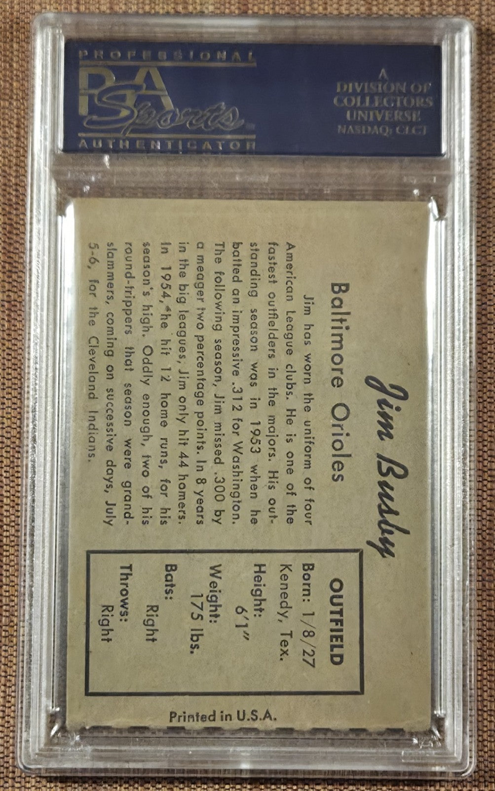 1958 Hires Root Beer Test NT Jim Busby Baltimore Orioles Baseball Card PSA 5 MK1