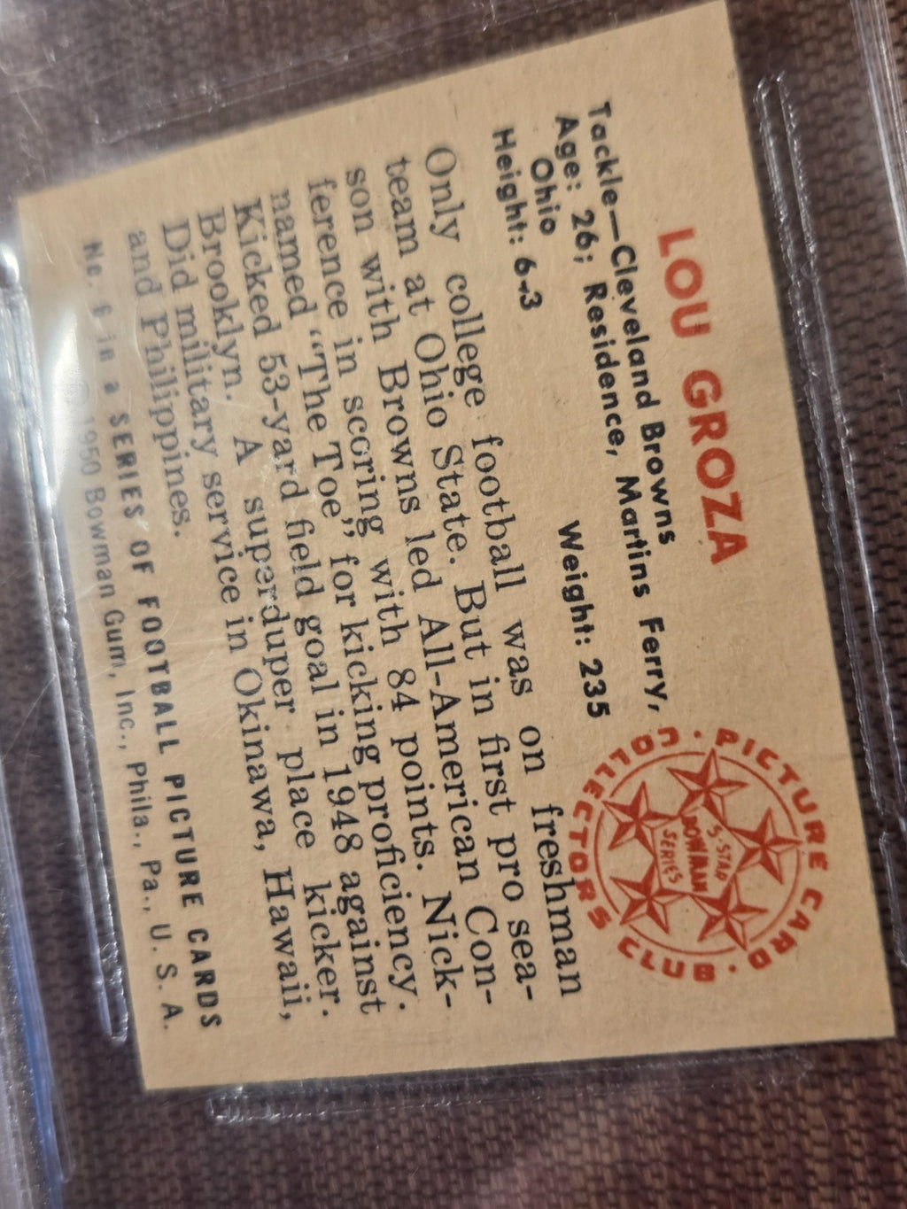 1950 Bowman #6 Lou Groza Browns Rookie Football Card BVG 9.5 Gem Mint RC5